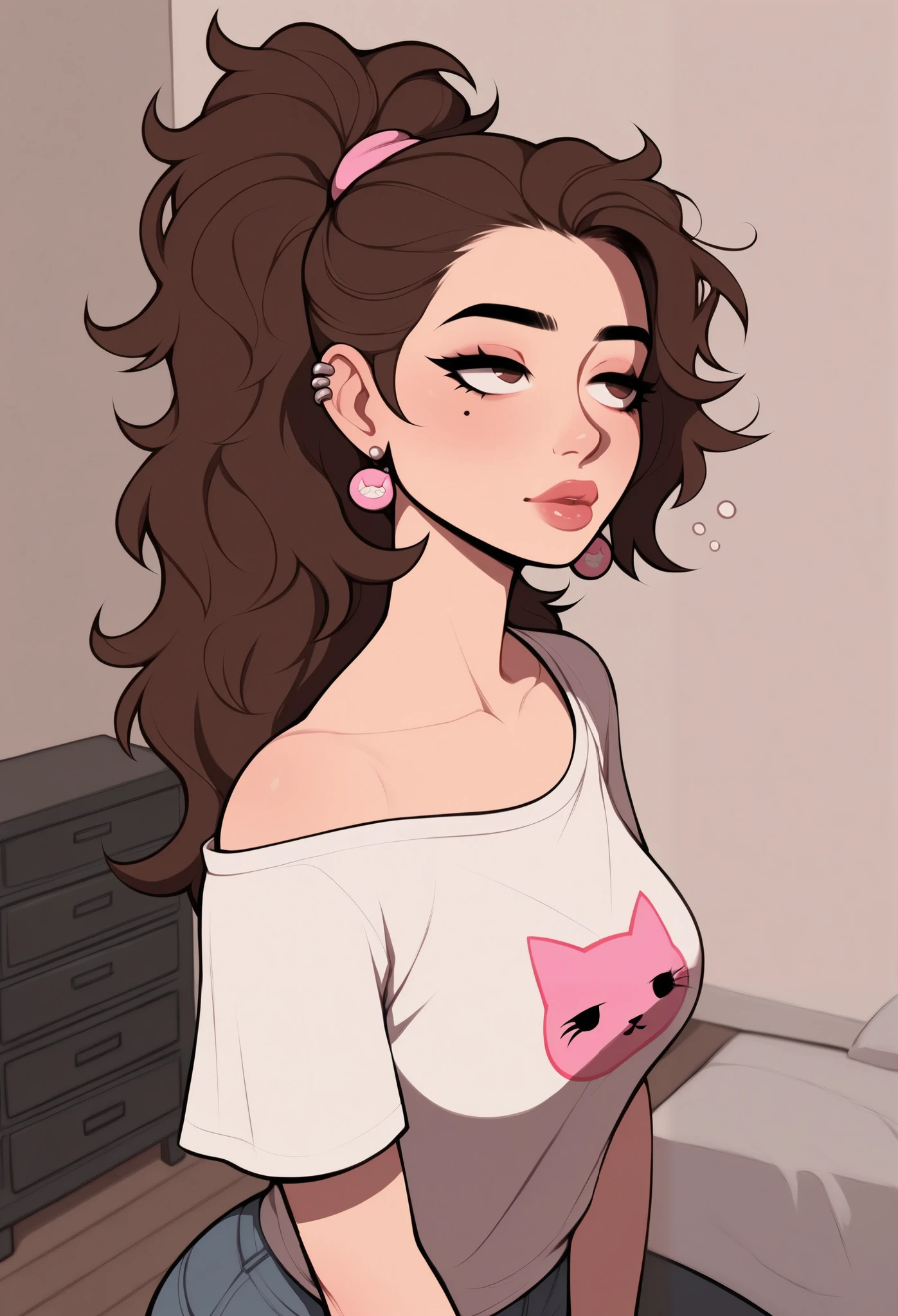 (masterpiece), (portrait), medium breasts (aesthetics), ((1 female 21 years old)), Highlight earrings), ((long hair, piercing in the ear, punk girl style )), ((Hot brown hair, messy hair, high ponytail, sleepy face)), straight hair, thin eyes open, green eyes, cute, stretching, woman, looking far away, just woke up, beautiful, female features, top, high quality, aesthetic clothing, professional angle, (rule of thirds), (feminine), (beautiful) , (female ) features), solo, summer, (ink haze), (afternoon), (vibrant light), seductive posture, ((face looking forward))), loose shirt, dropped shoulders, short and wide sleeves, cat print, (no makeup), (medium Breasts), Fair Skin, (Clothes with Hip Hop Details, horny and slutty voluptuous woman), (a femboy girl, hot fit, voluptuous mature body, super curvy body), (Sleep Neckline), Beautiful Hands, Body beautiful, beautiful ears, beautiful eyes, bright eyes, beautiful mouth, beautiful lips,  bedroom, closet and bed, hot and thick thighs