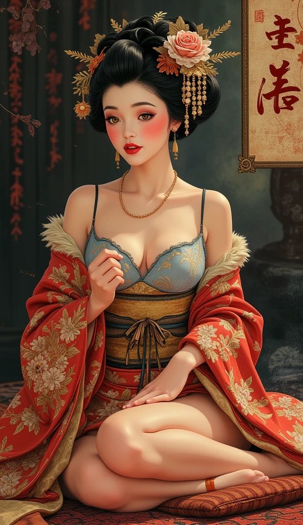split color hair、Ichiro、 1 girl, solo, blue eyes, black haired, hair ornaments, hugged, cleavage, medium breasts, Floral, generally, kimono, off shoulder, nail polish, compensate, lipstick, yellow background, red claw, eye shadow, Floral, Hairpin, Hairpin, comb,
