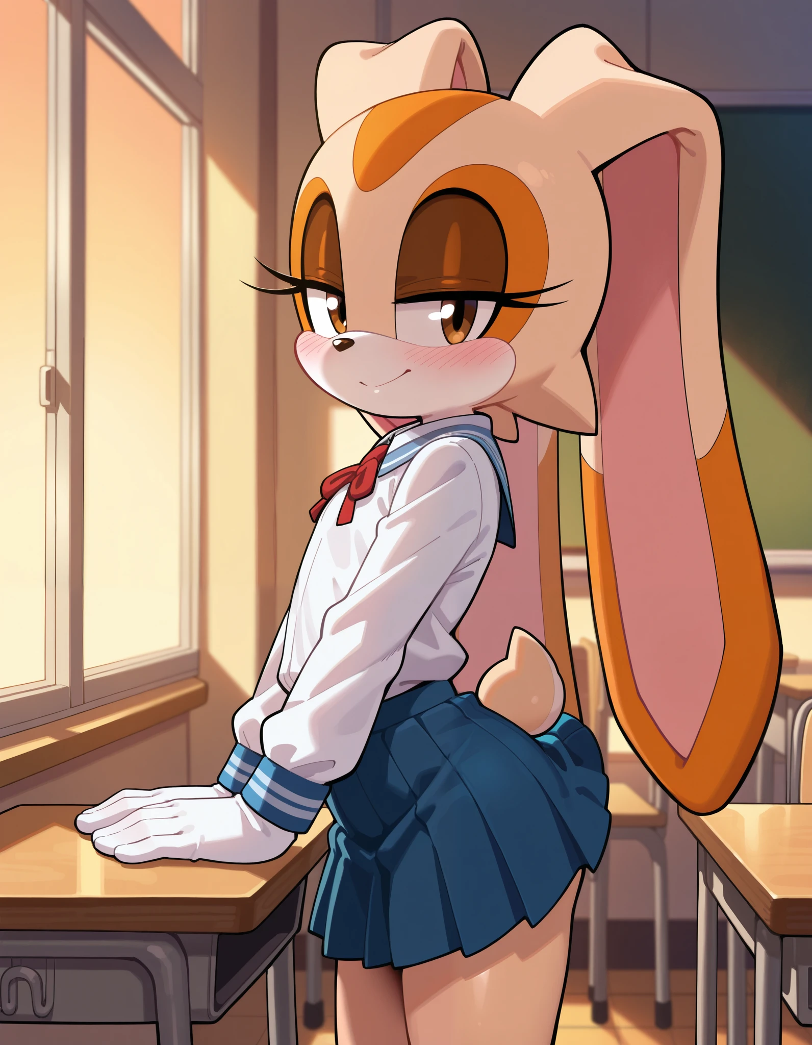 masterpiece, best quality, amazing quality, very aesthetic, absurdres, source furry, side view, Cream the rabbit (sonic series), brown eyes, half closed eyes, seductive look, indoors, schoolgirl uniform, white shirt, blue pleated skirt, classroom, flat chest, twilight lighting, looking at viewer, blushing, standing