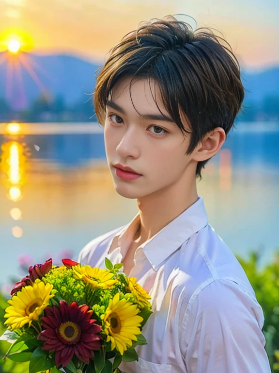 A cool masterpiece, ultra-detailed, high resolution , Super detailed, very detailed , 1 boy , Short haircut, Bouquet of flowers, confuse, sunrise over the lake, Colorful ,
