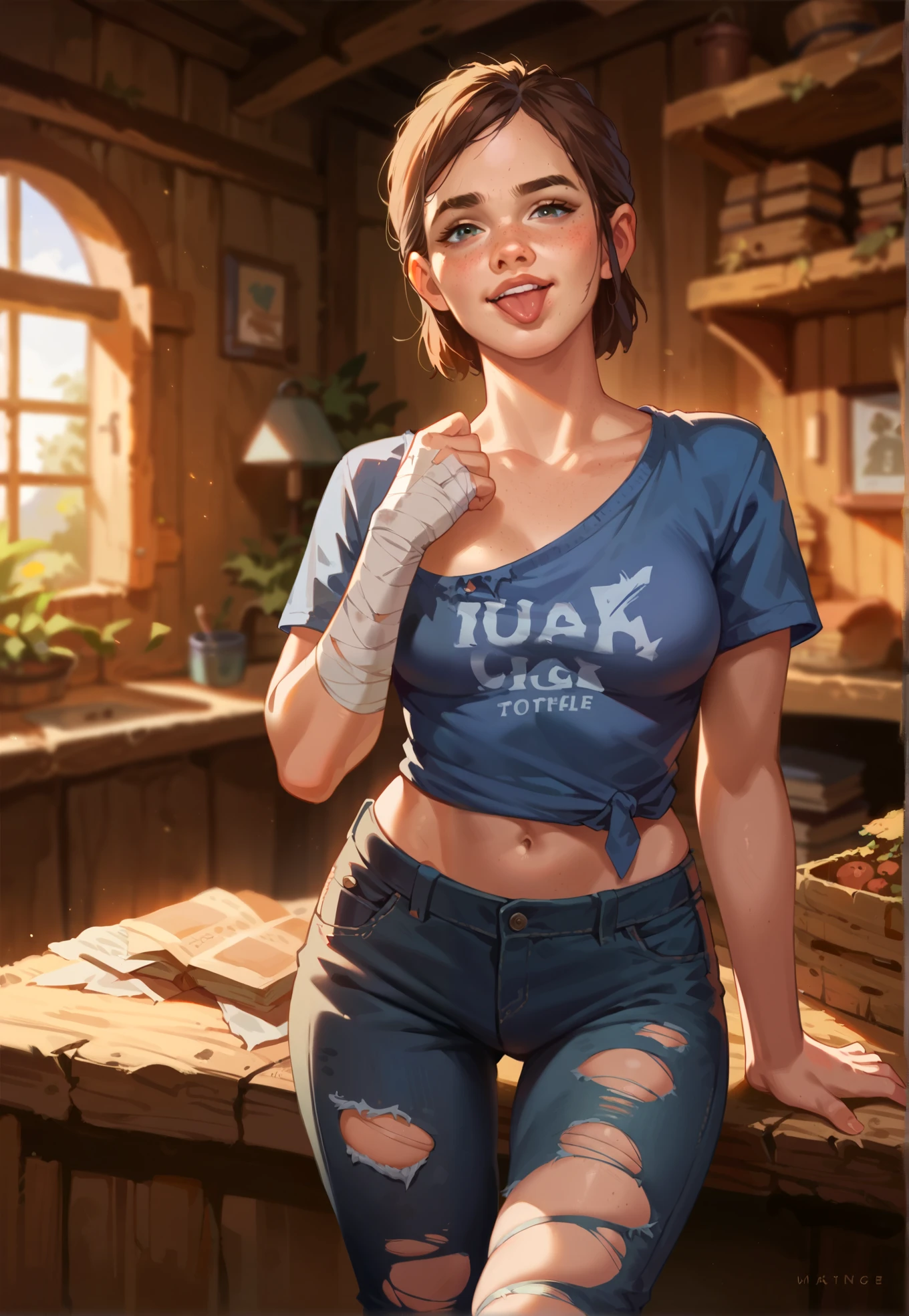 1girl, Ellie, the last of us, smug, tongue out, torn red t-shirt, torn cargo pants, bandages, sexy pose, BREAK, night time, mountain cottage, cinematic lighting,