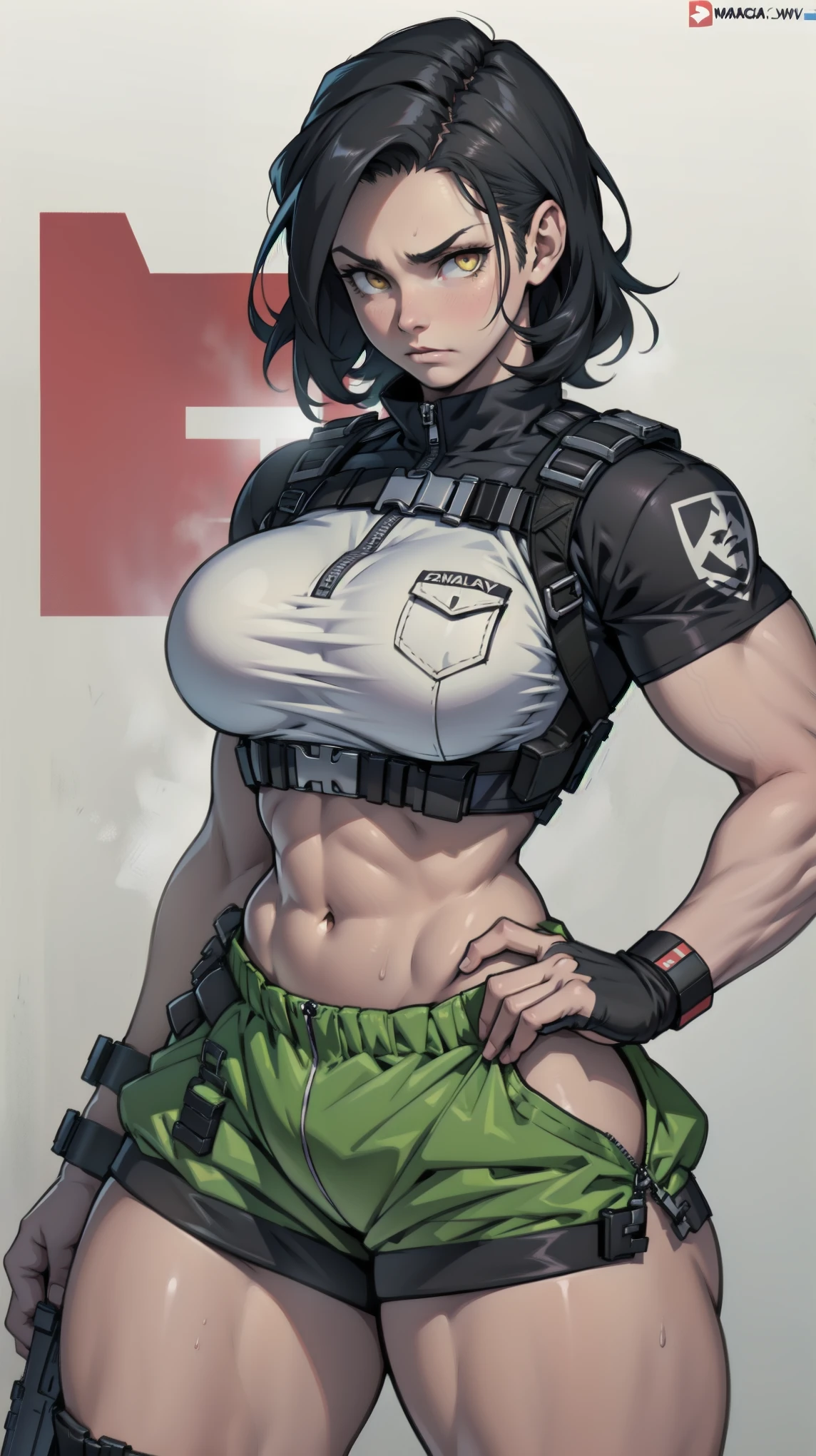 Black hair, short hair, red eyes, glasses, muscular, small boobs, detailed eyes, deep eyes, muscular arms, bob cut, tactical vest, tactical gear, swat team, call of duty, short sleeves, modern warfare