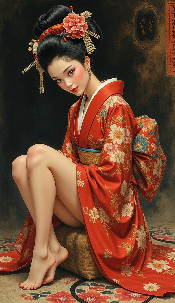 20 year old Japanese woman,Very slim figure(Small and flat chest),Expressions of joy,Beautiful face in every detail,(High resolution detail of human skin texture), (short hair),Completely naked,Spread your legs,Completely naked,Spread the genitals forward,Naked Women,Intricate designs and patterns in the style of Alphonse Mucha,A flamboyant background like an Art Nouveau watercolor,Chest is larger than torso,Camel Toe,
