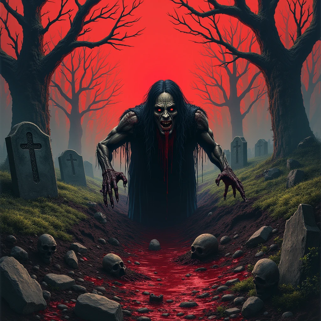 A very horror atmosphere from grave some bodies coming out side and eating flash and blood
Bats are flying and bloods are all around
In the middle there will be a text "horror night with BGC "