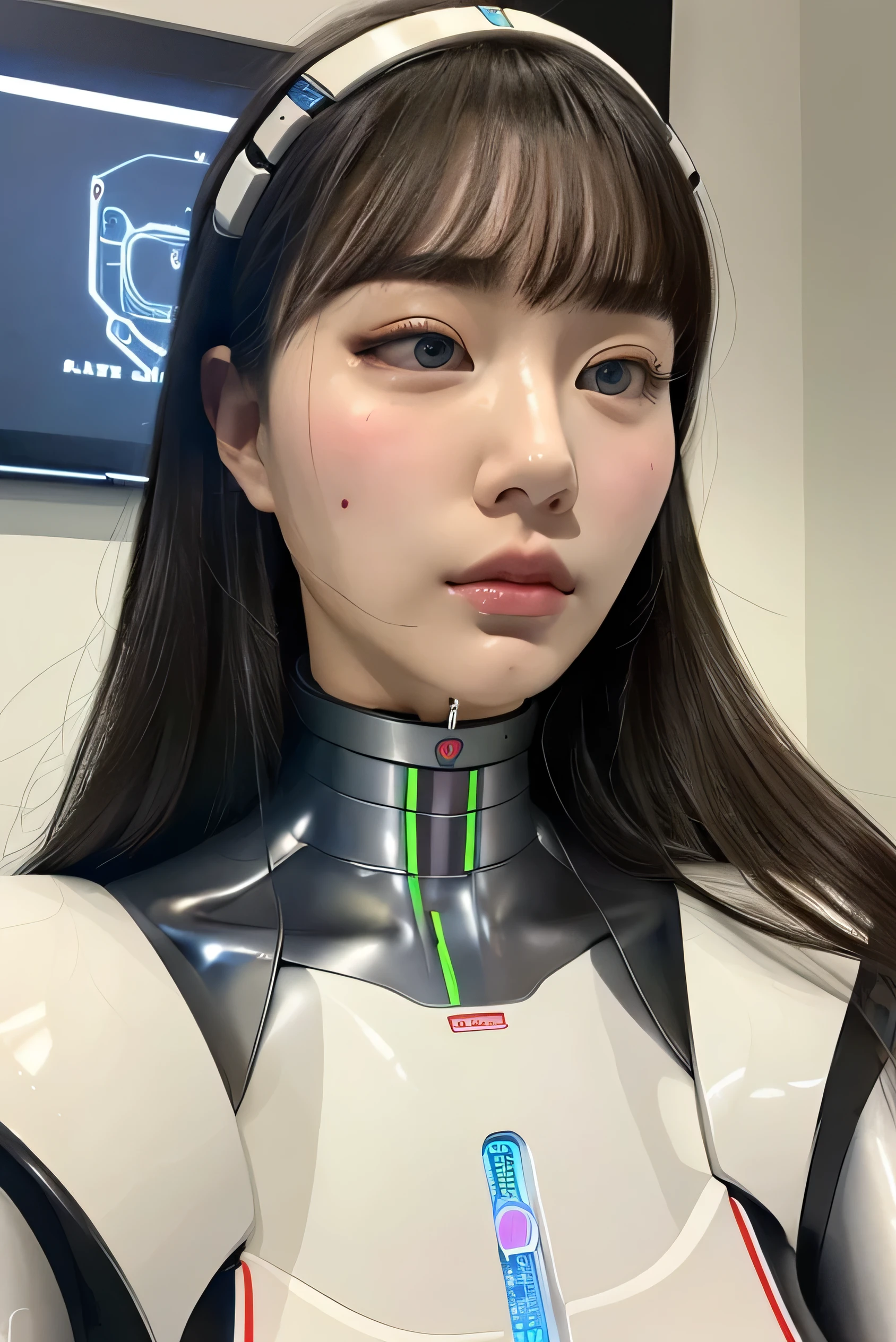masterpiece, best quality, extremely detailed,portrait,front view,Japaese android girl,Plump, control panels,android,Droid,Mechanical Hand, Robot arms and legs,long hair,long tube,thick cable connected her neck,