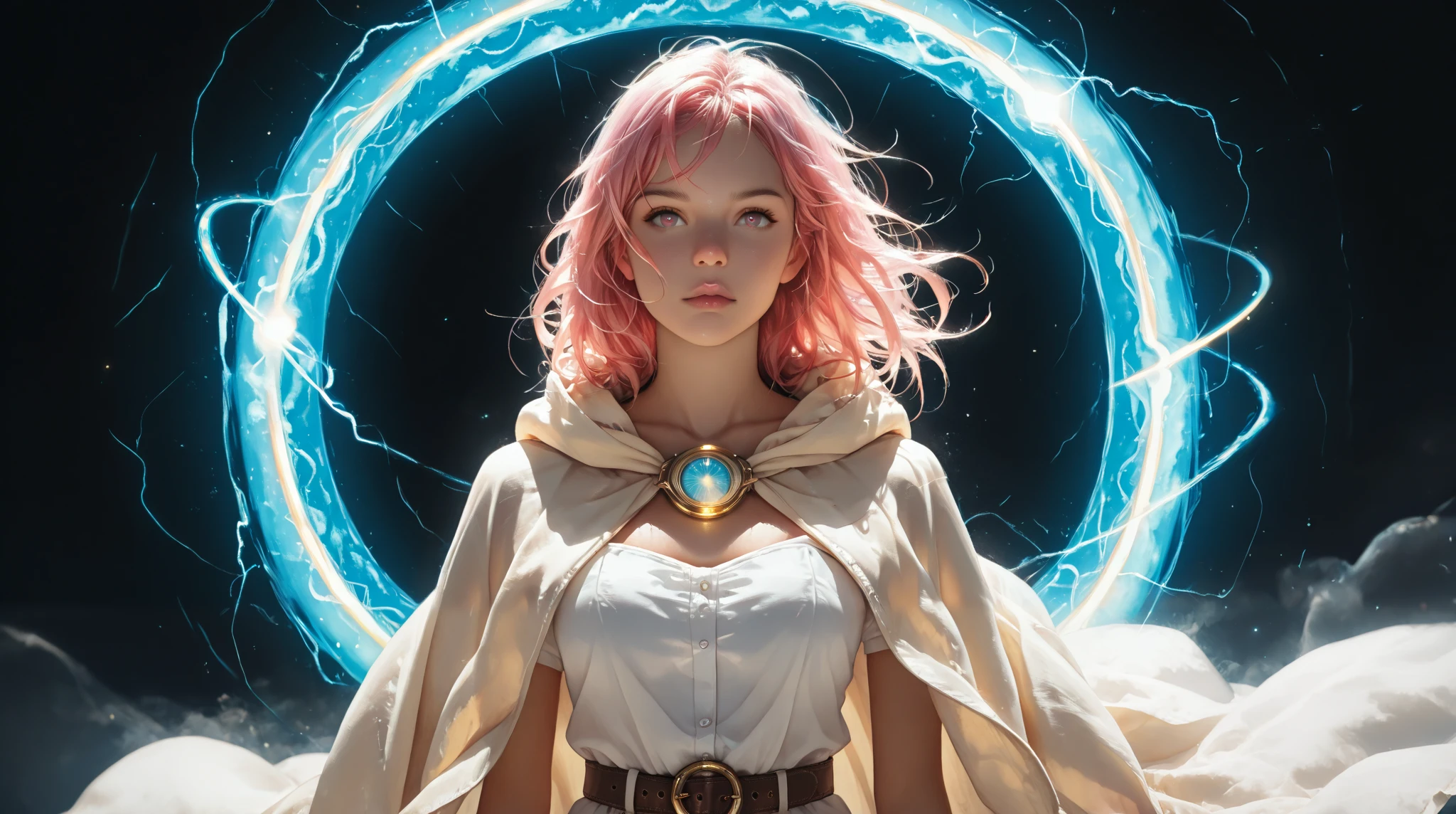 UHD,  masterpiece ,  best quality, 8k,  realistic anatomy ,  complete lighting ,  girl , 18 years,  pink hair ,  angelic face , super body , sexy,  time traveler , old timepieces on the belt,  long antique cloak ,  jump through a time portal, Fantasy , Time spiral  ,  not from this world , Time riss ,  universe 