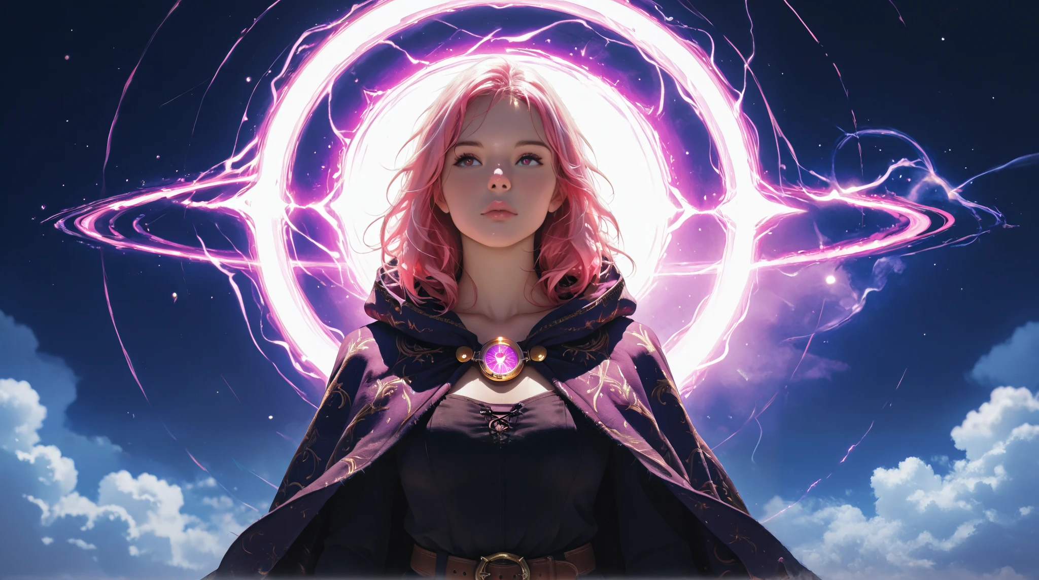 UHD, masterpiece , best quality, 8k, realistic anatomy , complete lighting , girl , 18 years, pink hair , angelic face , super body , sexy, time traveler , old timepieces on the belt, long antique cloak , jump through a time portal, Fantasy , Time spiral , not from this world , Time riss , universe
