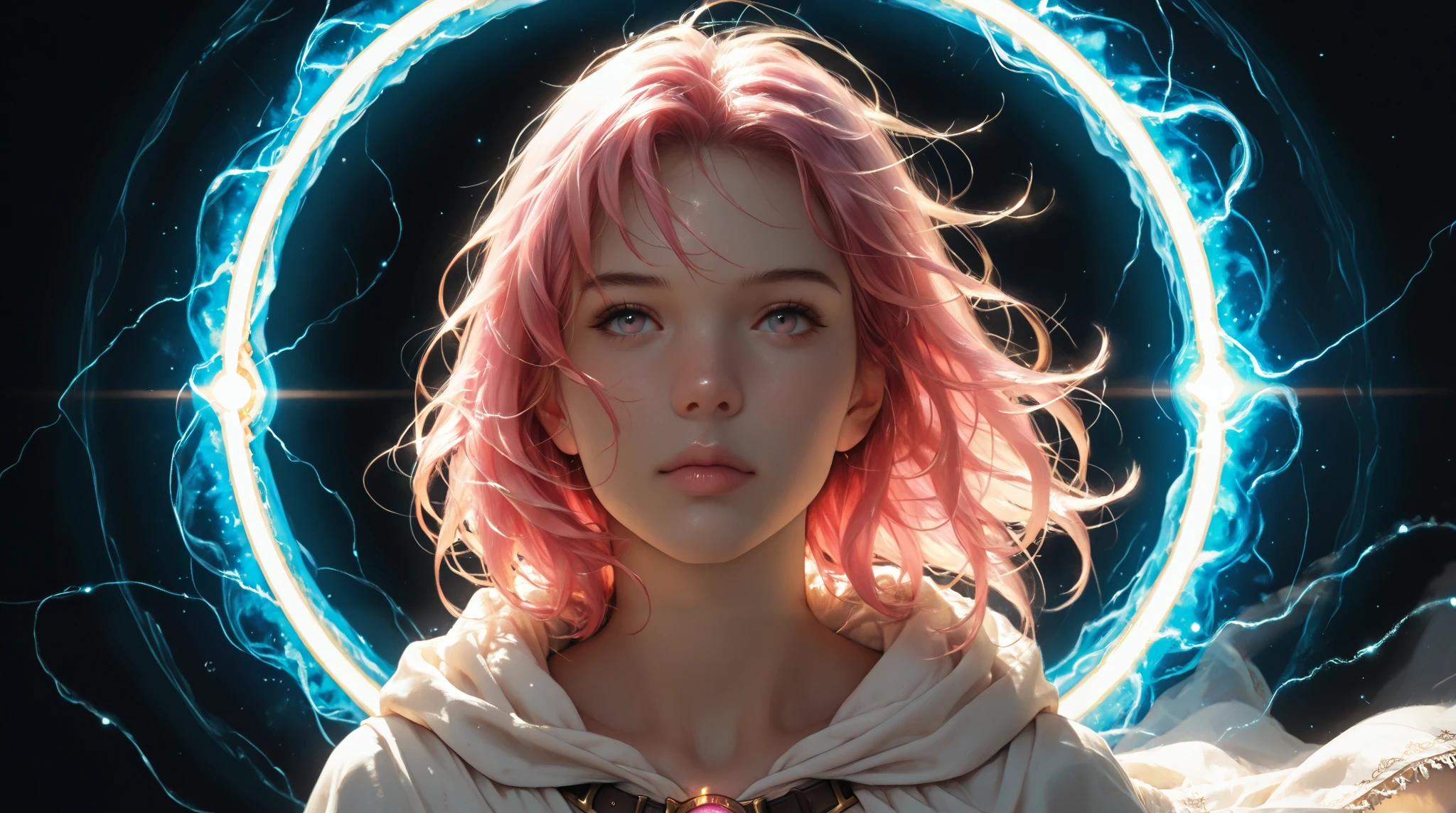 UHD, masterpiece , best quality, 8k, realistic anatomy , complete lighting , girl , 18 years, pink hair , angelic face , super body , sexy, time traveler , old timepieces on the belt, long antique cloak , jump through a time portal, Fantasy , Time spiral , not from this world , Time riss , universe