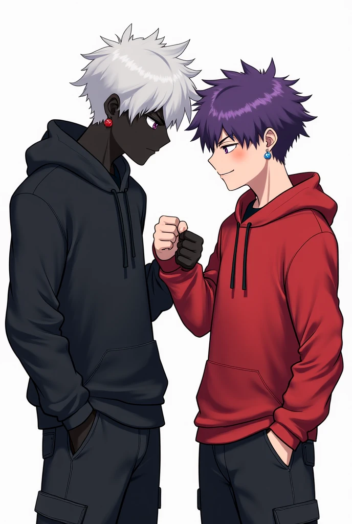 I would like to request a rendering of the attached drawing, with special attention to the textures of the characters' clothes and hair. For the purple haired character, I would like the hair to have a vibrant and dynamic texture, enhancing volume and shine. Black clothes should suggest a resistant material, such as leather or thick fabric, with well-defined shaded areas to give depth.
For the character with light blue hair, I ask that the hair texture is smooth, highlighting movement and lightness. The areas of shadow and light must be well defined to create a three-dimensional appearance. White clothes should suggest a light and fluid fabric, such as cotton or linen, with well-crafted details of folds and shadows to give depth and realism.