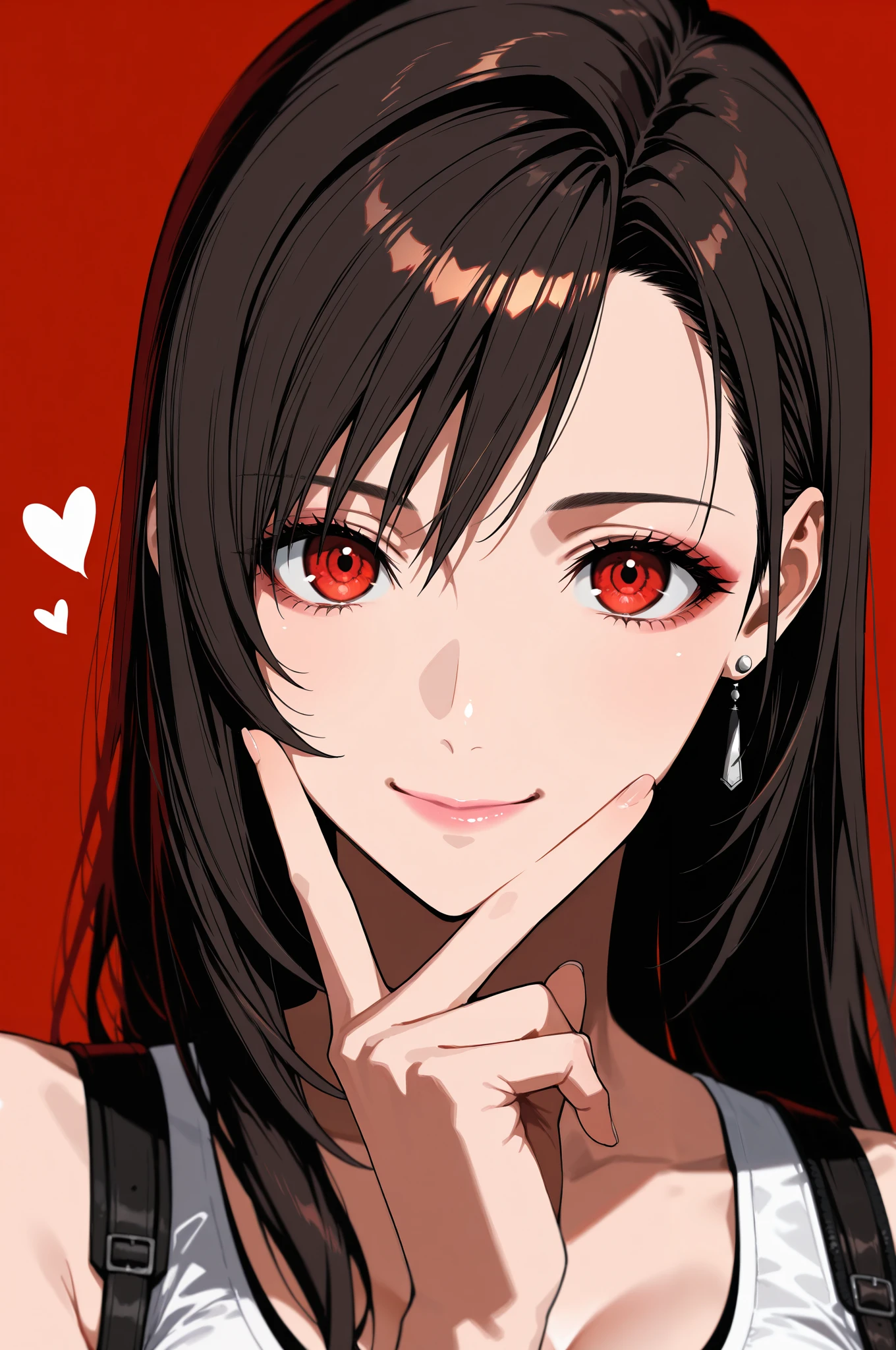 masterpiece, best quality, amazing quality, very aesthetic, absurdres, newest, scenery,highly detailed,high-resolution,close-up portrait,female,woman,Tifa lockheart,final fantasy 7,dark brown hair,long hair,red eyes,fair skin,glossy texture,pink lips,white tank top,simple background, red background,v sign,one hand,heart,focused subject,sharp focus,medium depth of field,slight smile,looking at viewer,from the side,clean lines,smooth lines,sharp,masterpiece, best quality, amazing quality, very aesthetic, absurdres, newest, scenery