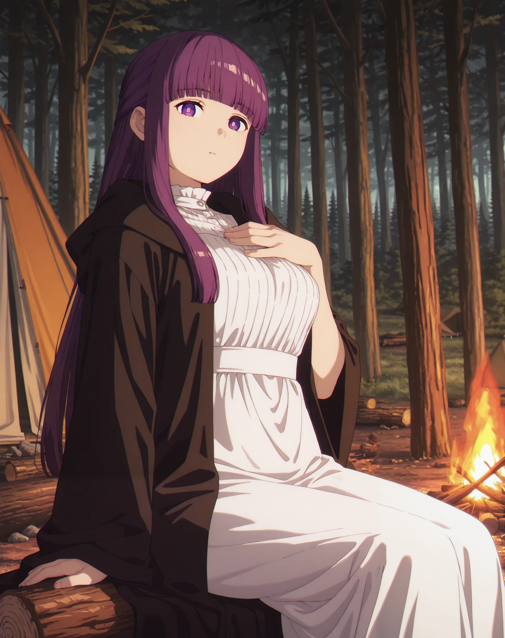 masterpiece, best quality, solo, fern, long hair, bangs, purple eyes, purple hair, sidelocks, blunt bangs, bright pupils, medium breasts, sexy, black robe, white dress, looking at viewer, hand on chest, outdoors, forest, sitting, log, camp, campfire, tent, medieval fantasy, dutch angle