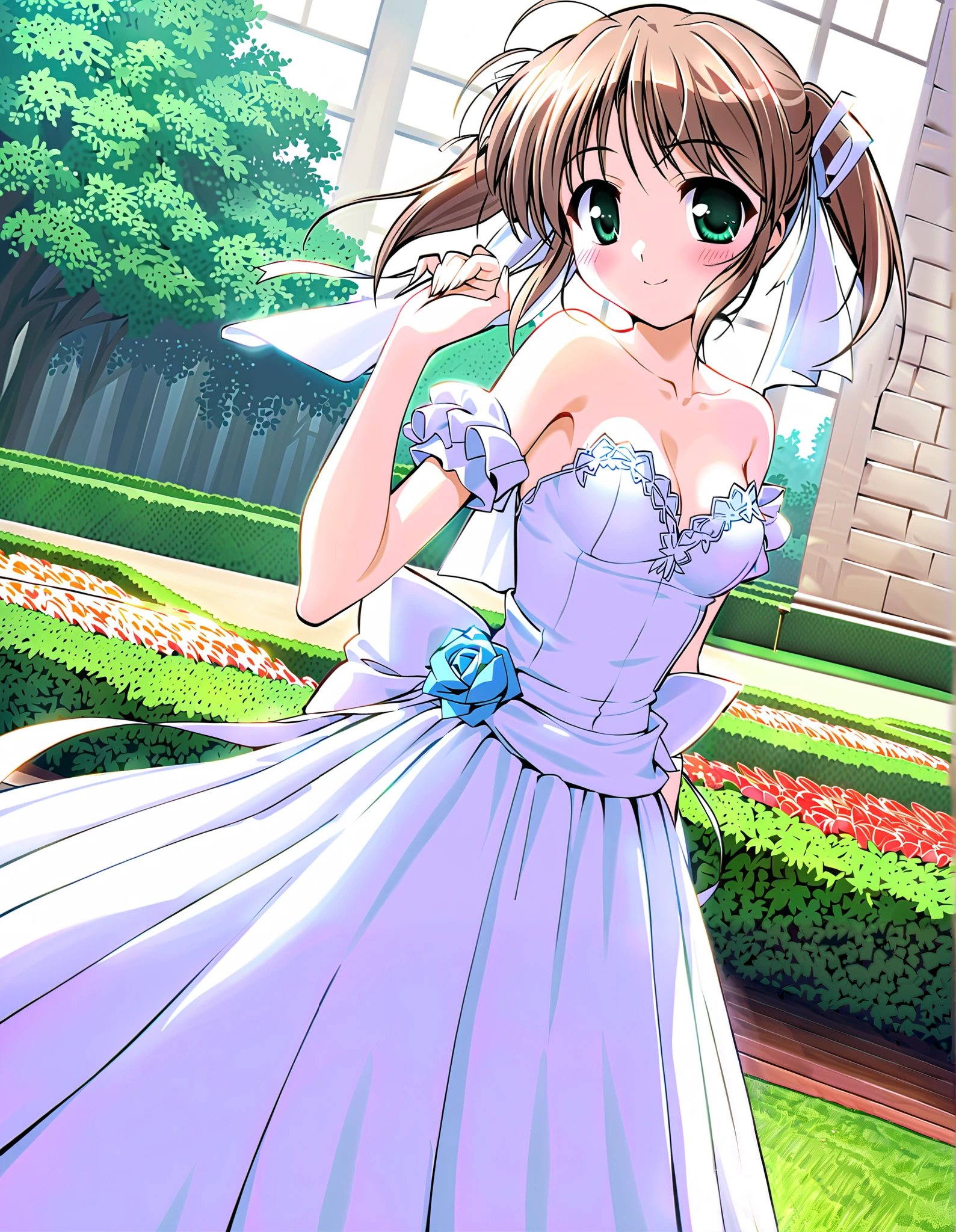 Asagiri Mai, Alone, (cowboy shot), brown hair , short hair, hair ribbon, twintails, green eyes, small breasts, ( wedding dress), ( cute pose), (Red cheeks:1.2), cleavage, (bright smile:1.1), (Wedding Venues), (cute bride ), score_9, score_8_superior, score_7_superior, source_anime, (best quality:1.2), 細部までこだわったanime, high quality , full color, 8k, high resolution