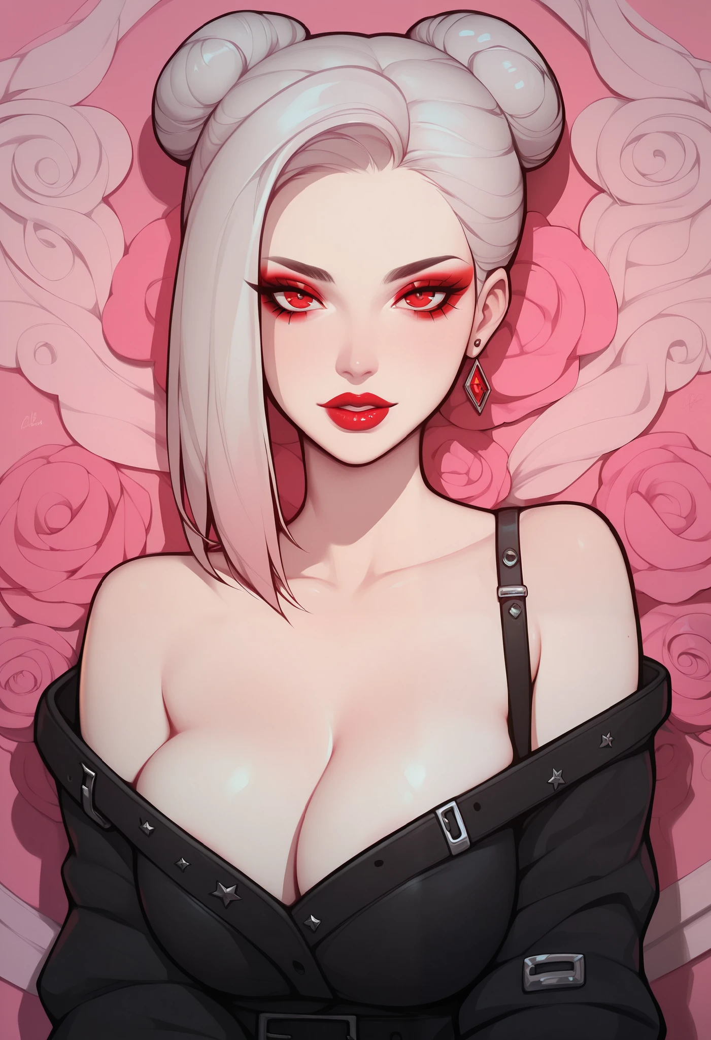score_9, score_8_up, score_7_up, score_6_up, score_5_up, score_4_up, BREAK 1girl, intricate, Off-shoulder blouse, seductive neckline, thin strap, Yakuza outfit , (eyeliner:1.2), looking at viewer, silver hair, red eyes, bun-cut, long hair, pink lips , pale skin, jewelry, detailed background, big breasts (masterpiece, high quality:1),
