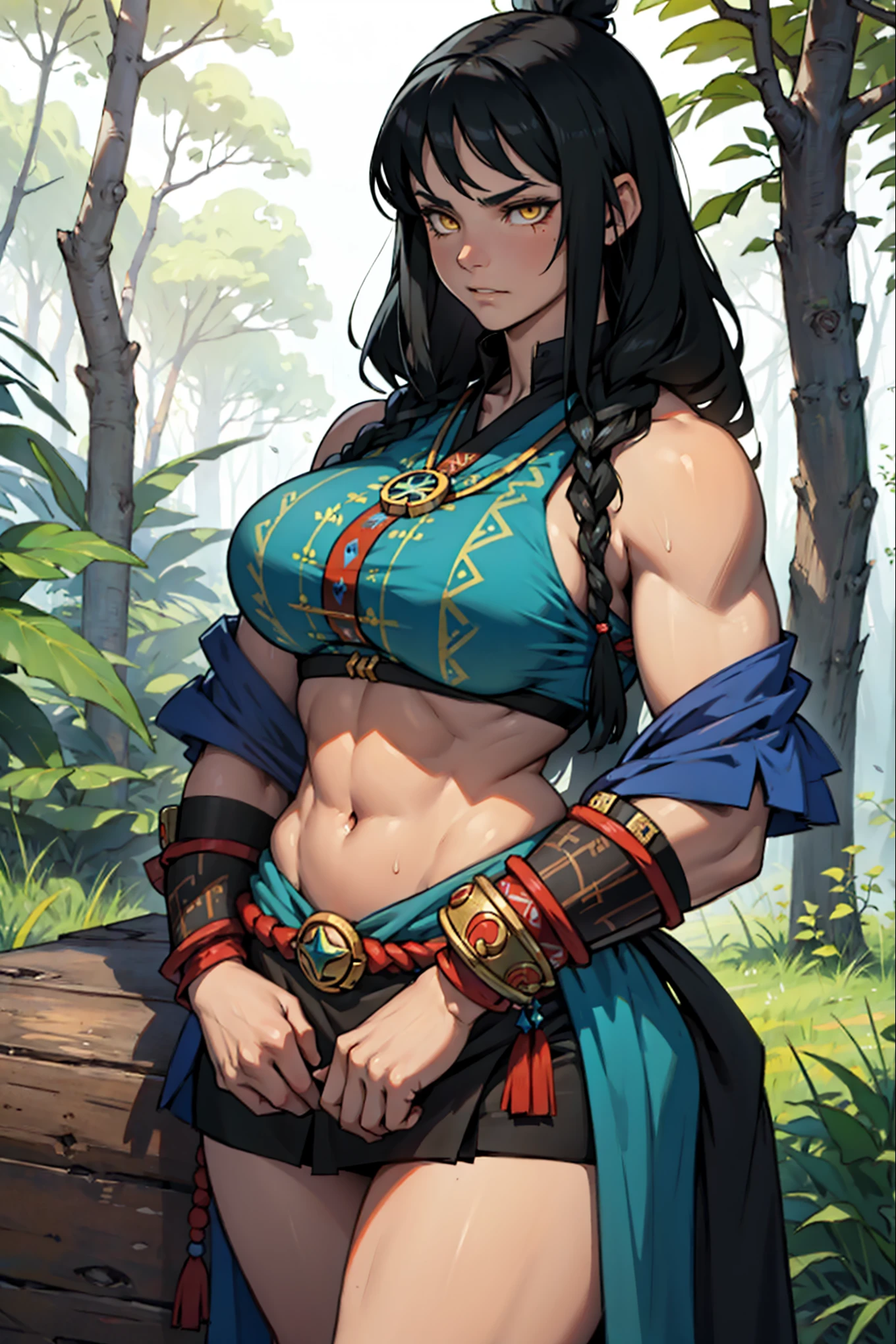 (masterpiece:1.2), (best quality:1.2), perfect eyes, perfect face, perfect lighting, 1girl, mature female, barbarian woman, long hair, bored, pompadour cut, braids, armor, fur, belts, straps, skindentation, markings, scars, muscular, toned, navel, abs, sweat, thick thighs, broad shoulders, arm muscles, leg muscles, thick eyelashes, makeup, fantasy, detailed outdoor background