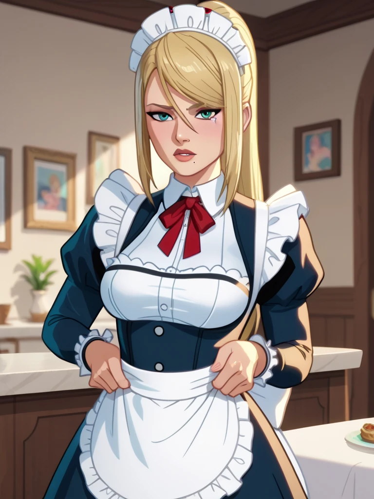 1girl, solo, mercy \(overwatch\), mature female, kitchen, maid, cleavage, looking at viewer,
