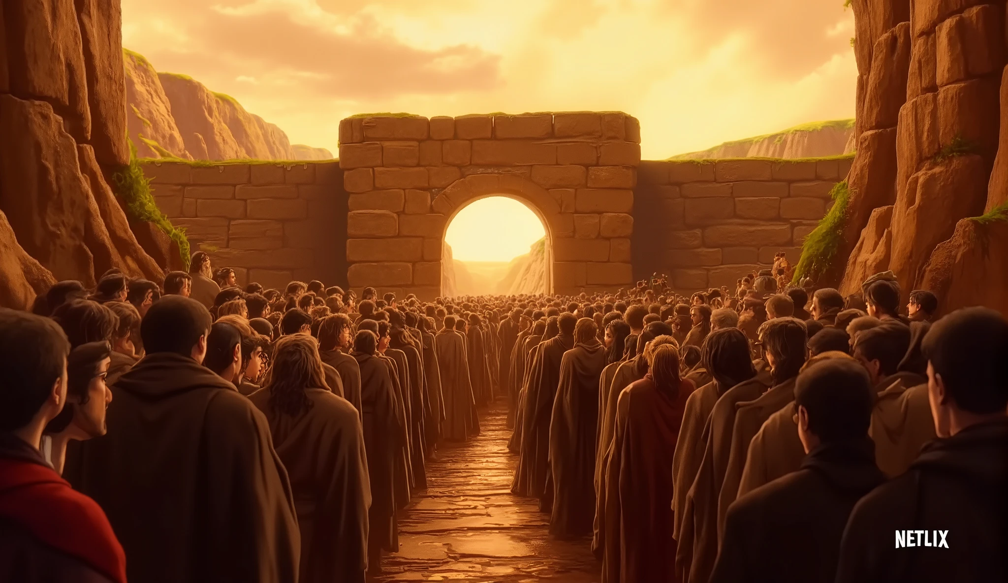 Time of Jesus Christ, biblical age, people crowding at the door of a house in ancient Jerusalem.