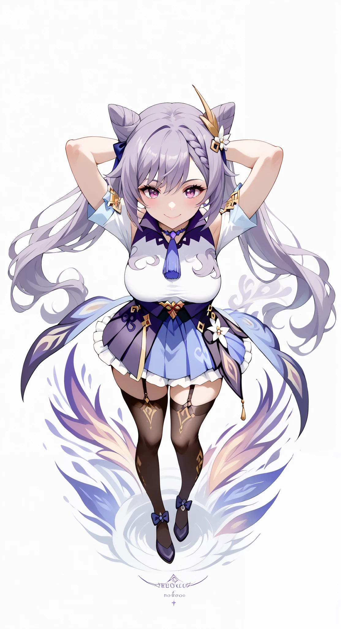 score_9, score_8_up, score_7_up, source_anime, 4K,perfect fingers,(perfect hands, perfect anatomy),prefect lighting, very aesthetic, intricate details,highly detailed background, masterpiece, high quality, best quality,
1girl,solo keqing, keqing, braid, cone hair bun, hair bun, hair ornament, long hair, purple eyes, purple hair,large breast,
wearing ((garter straps,fingerless gloves, torn thighhighs, )),,
looking at the spectator, filed, (arms behind head:1.5), high thigh individual , (large breasts:0.9),Stand up,((fullbody:1.5)),((White plain background:1.5)) ,((Seductive smile)),((top view:1.5)),leaning forward:1.3,looking at viewer,focos ass