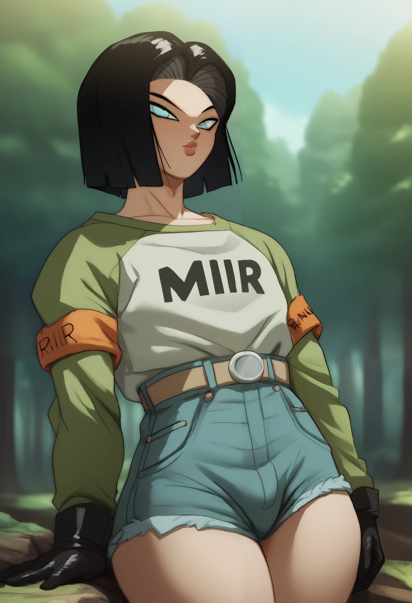 (Xrangerx:1.0),( score_9,score_8_up, android_17, femboy, 1boy, score_7_up:1.4), forest backround, feminine lips, plump, source_anime, in city, portrait, feminine body, bootyshorts, wide hips, thick thighs, big ass, looking for a viewer,  extremely detailed,