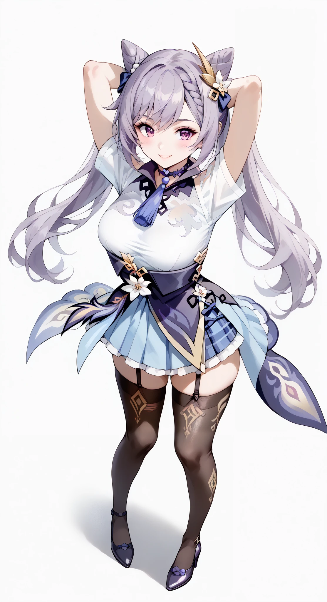 score_9, score_8_up, score_7_up, source_anime, 4K,perfect fingers,(perfect hands, perfect anatomy),prefect lighting, very aesthetic, intricate details,highly detailed background, masterpiece, high quality, best quality,
1girl,solo keqing, keqing, braid, cone hair bun, hair bun, hair ornament, long hair, purple eyes, purple hair,large breast,
wearing ((garter straps,fingerless gloves, torn thighhighs,plaid skirt, )),,
looking at the spectator, filed, (arms behind head:1.5), high thigh individual , (large breasts:0.9),Stand up,((fullbody:1.5)),((White plain background:1.5)) ,((Seductive smile)),((top view:1.5)),leaning forward:1.3,looking at viewer,focos ass