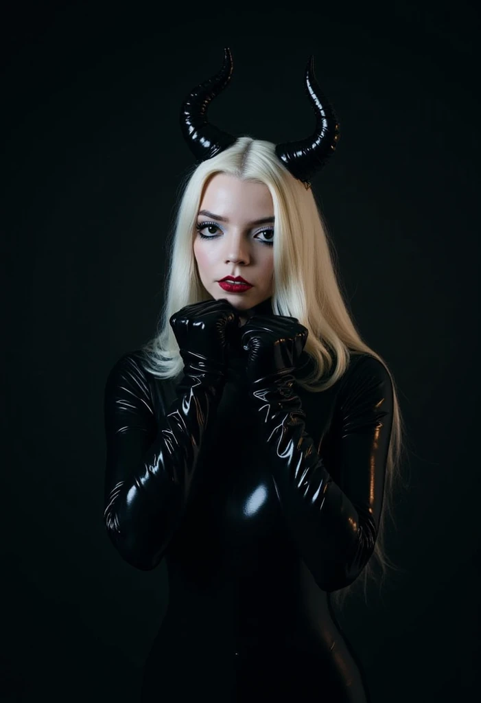 blonde girl, wearing black latex, devil outfit, seductive smile, perfect body, perfect face