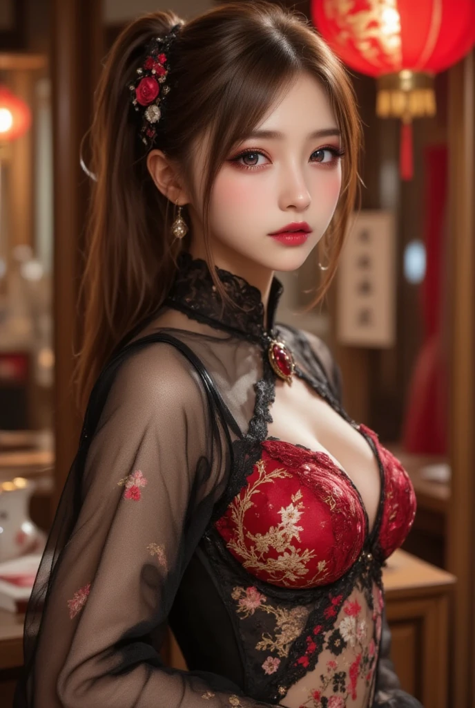 "1 beautiful girl in traditional costume, wearing a traditional Chinese ao dai in luminous red, Ao dai with red as the main color, black chest border and gold border, long hair and white bangs, hair jewelry most detailed and beautiful, Super cute little face, Extremely pretty face, sparse eyebrows, most flawless beautiful face, ((black pupil:0.8)), very beautiful eyes, ((eyes red:1.4)), beautiful and detailed eyelashes and very magical makeup, high nose, earrings, thin lips, red lips, no smiling, beautiful lips, rosy face, clean face, flawless beautiful face , smooth white skin, (big breasts: 0.9)), Blums breasts, ((big and super round breasts): 0.9)), ((super tight breasts: 1.2)), ((breast augmentation: 0.8)), beautiful breasts, sitting on the floor, Sitting with legs wide open, thighs wide and not shy, hands behind back, chest forward, leaning back slightly, beautiful girl's upper body, 8k photo, super high quality, hyper realistic, 10x super pixels, photo realistic, bright studio, bright edges, two-tone light color, (high detail) skin: 1.2), 8k ultra, soft light, high quality , volumetric lighting, realistic, Photos, high resolution, light, best photo, 4k, 8k quality, blur effect, Smooth and sharp, 10x pixels, aurora, lightning, super graphics , most realistic graphics,(Red flower background: 1.7), alone, solo, portrait 9:16, Extremely sharp, surreal image."