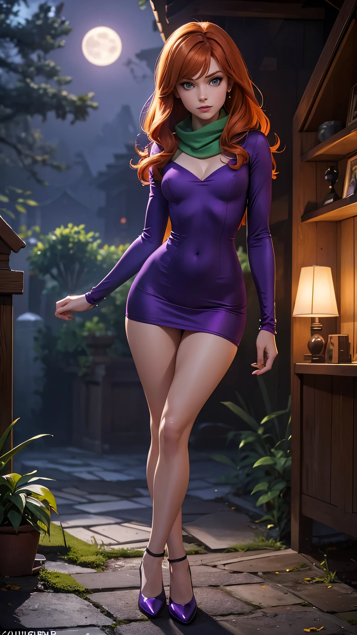 Daphne Blake with Scooby Doo, beautiful and delicate sexy woman, joven, ginger hair, ojos color violeta, minivestido color púrpura, scarf green, skinny body, small and beautiful breasts, small and beautiful buttocks, purple shoes, sensual, mysterious, sinister background, she is in a wooden house with ghosts, Dark atmosphere, full moon, cemetery, night, High resolution, masterpiece, The best quality, Very detailed, photorealistic, realism, big ass, small waist, thick legs