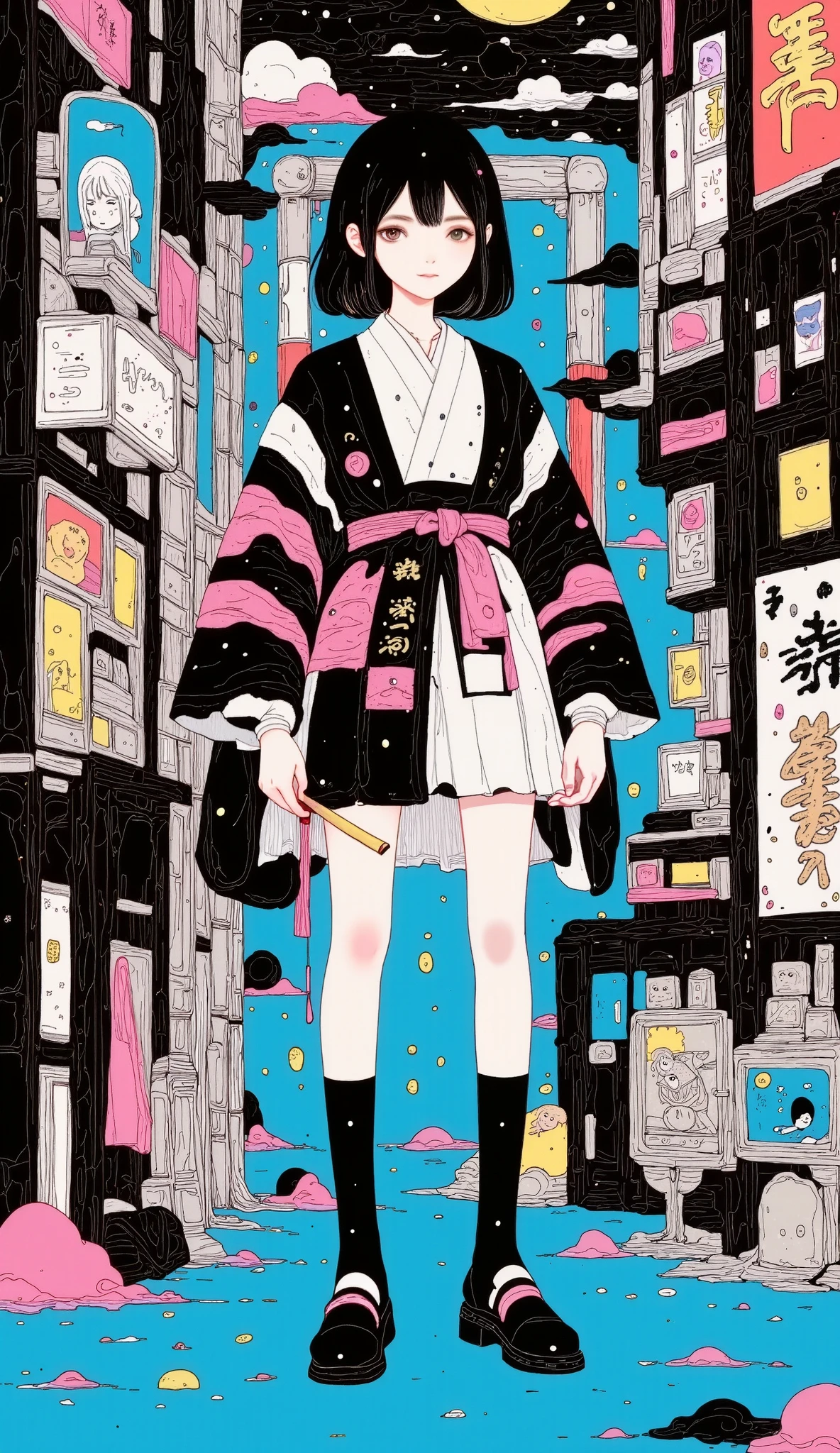 magazine illustration style:1.5, A girl in a concept character art wearing a mixed Japanese Ronin outfit and techno-modern aesthetic. ( envelopes, 4k, 8K, highres, masterpiece:1.2), ultra-detailed , (realistic, photorealistic, photo-realistic:1.37), Japanese Ronin clothing , futuristic techwear, detailed facial features , dynamic postures , intense expression , katana, piernas bobotizadas , neon lights , gloomy atmosphere, Riot Games art style , vibrant colors, stylized representation , intricate details , professional artwork , Traditional elements, modern touch. , envelopes , highres, 1080P, High definition, 16K