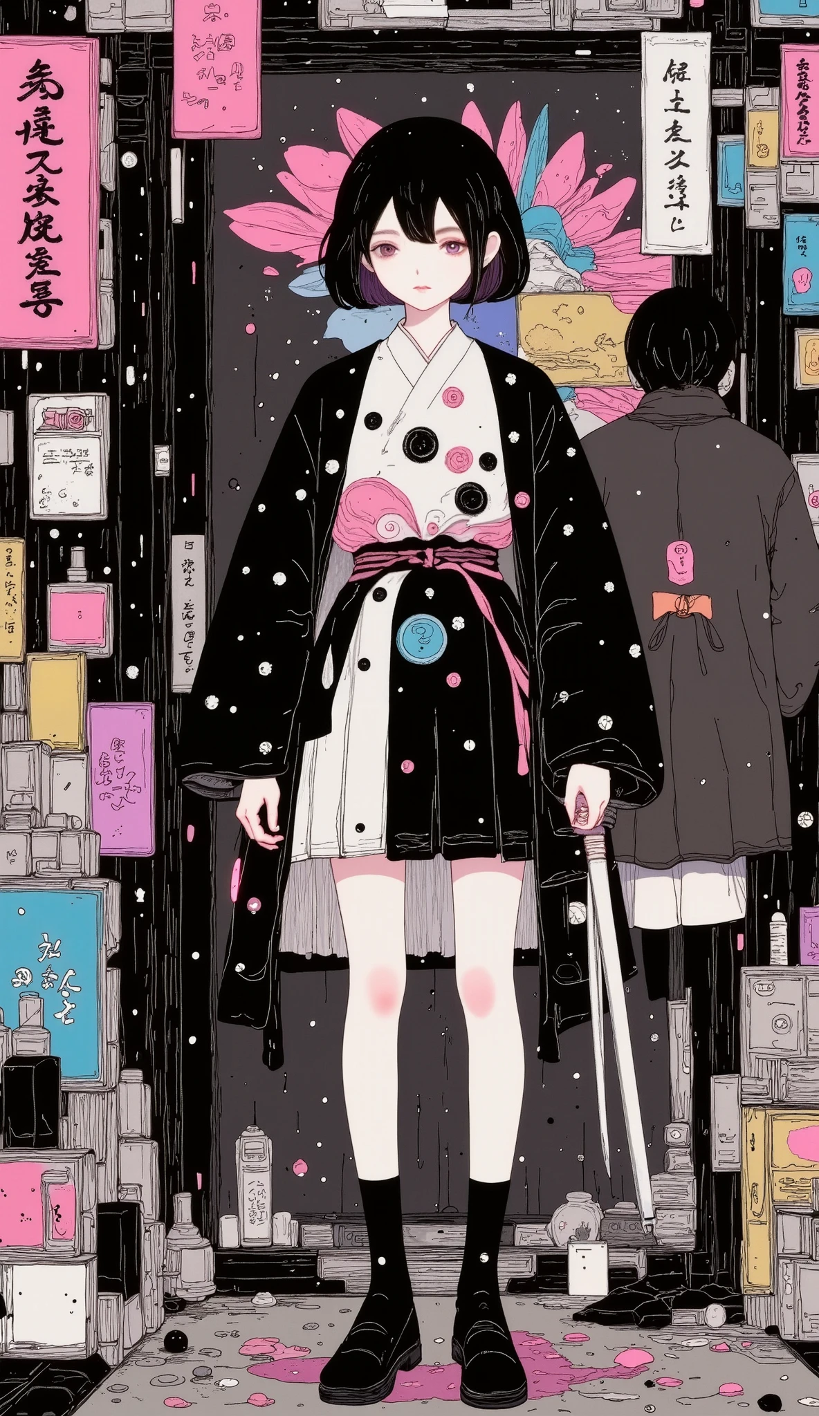 magazine illustration style:1.5, A girl in a concept character art wearing a mixed Japanese Ronin outfit and techno-modern aesthetic. ( envelopes, 4k, 8K, highres, masterpiece:1.2), ultra-detailed , (realistic, photorealistic, photo-realistic:1.37), Japanese Ronin clothing , futuristic techwear, detailed facial features , dynamic postures , intense expression , katana, piernas bobotizadas , neon lights , gloomy atmosphere, Riot Games art style , vibrant colors, stylized representation , intricate details , professional artwork , Traditional elements, modern touch. , envelopes , highres, 1080P, High definition, 16K
