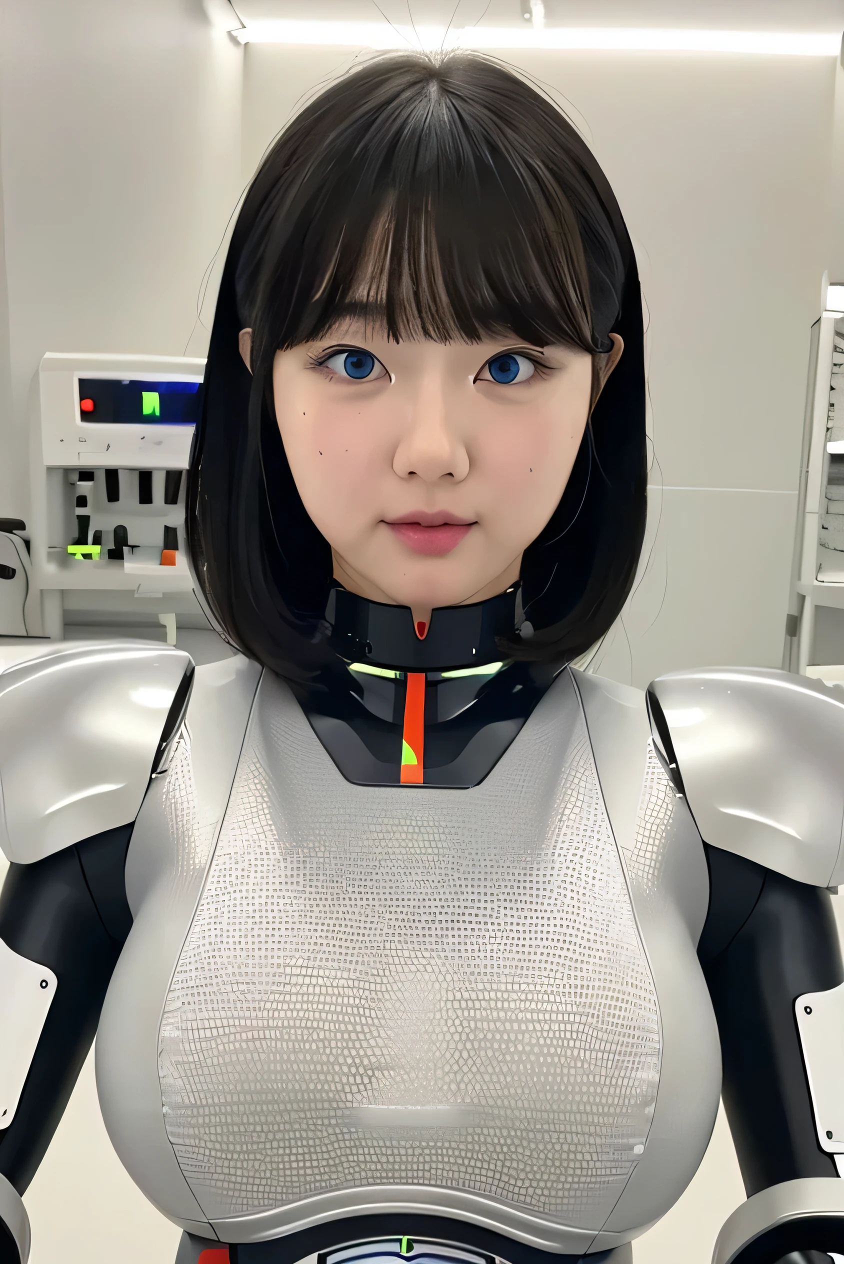 masterpiece, best quality, extremely detailed, portrait,Japaese android girl,Plump,a bit chubby,control panels,android,Droid,Mechanical Hand, ,Robot arms and legs, Black hair,Mechanical body,Blunt bangs,White Robotics Parts,perfect robot woman,Charging spot,Long Tube,A thick cable was connected to her neck,perfect mechanical body,white robotics body,future assembly plant,white body,She has repaired,black sponge joints,android assembly plant,android,laboratory,perfect machine body,white robot body,blue eyes