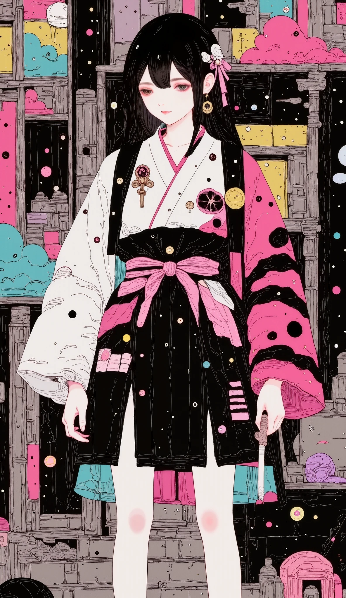 magazine illustration style:1.5, A girl in a concept character art wearing a mixed Japanese Ronin outfit and techno-modern aesthetic. ( envelopes, 4k, 8K, highres, masterpiece:1.2), ultra-detailed , (realistic, photorealistic, photo-realistic:1.37), Japanese Ronin clothing , futuristic techwear, detailed facial features , dynamic postures , intense expression , katana, piernas bobotizadas , neon lights , gloomy atmosphere, Riot Games art style , vibrant colors, stylized representation , intricate details , professional artwork , Traditional elements, modern touch. , envelopes , highres, 1080P, High definition, 16K