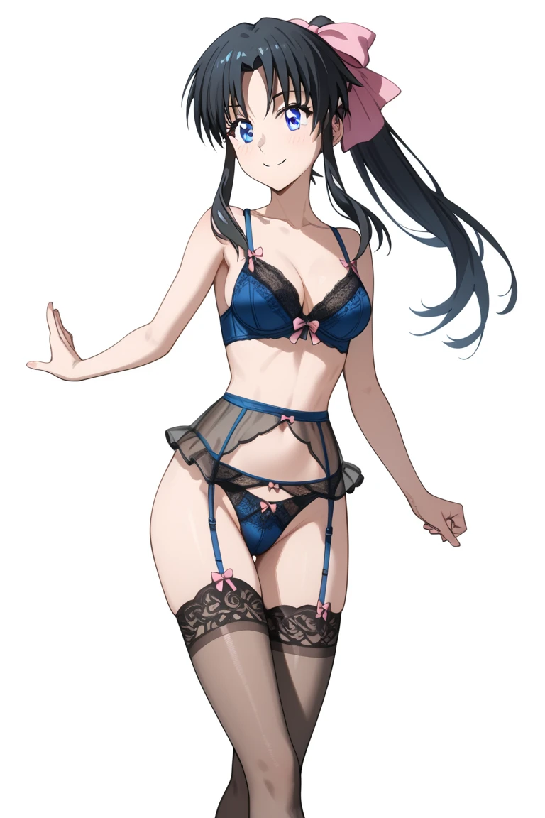 Anime girl takes selfie with smartphone, holding smartphone in front of covering face, bra, pantie, navel, (((white background))), breasts, spread legs, (put your hand between your thighs),