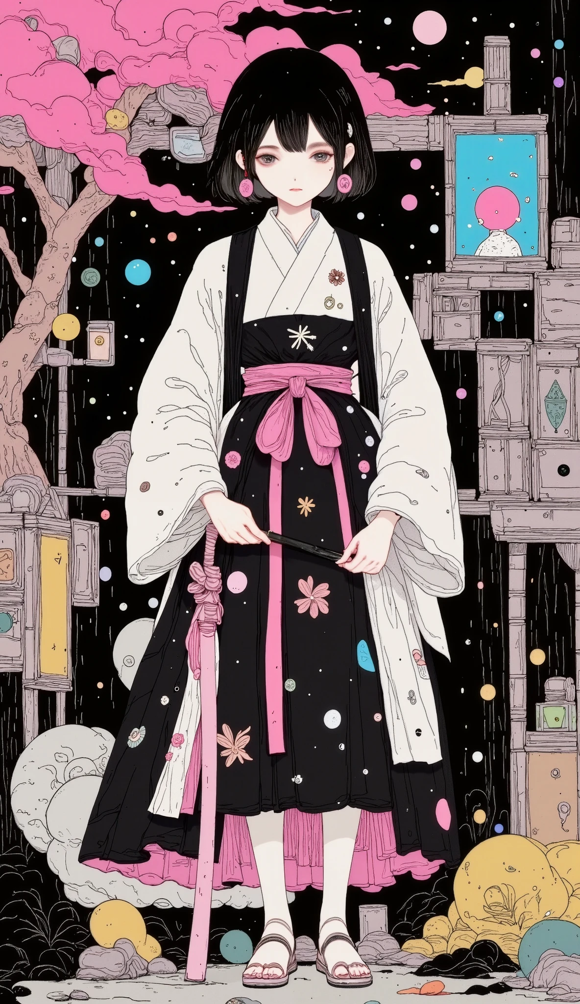 magazine illustration style:1.5, A girl in a concept character art wearing a mixed Japanese Ronin outfit and techno-modern aesthetic. ( envelopes, 4k, 8K, highres, masterpiece:1.2), ultra-detailed , (realistic, photorealistic, photo-realistic:1.37), Japanese Ronin clothing , futuristic techwear, detailed facial features , dynamic postures , intense expression , katana, piernas bobotizadas , neon lights , gloomy atmosphere, Riot Games art style , vibrant colors, stylized representation , intricate details , professional artwork , Traditional elements, modern touch. , envelopes , highres, 1080P, High definition, 16K