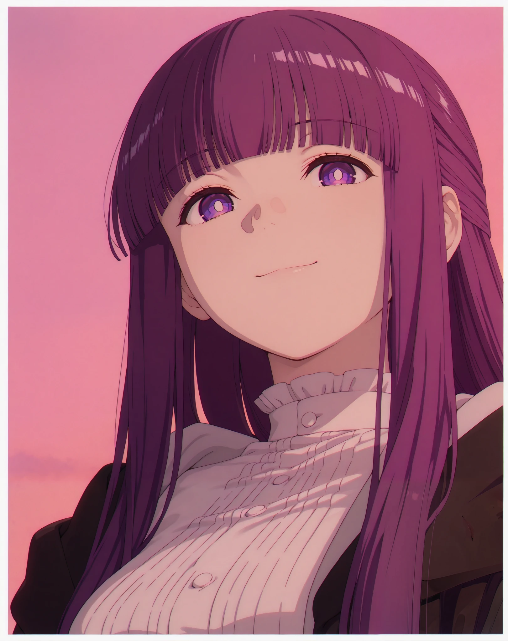 masterpiece, best quality, solo, fern, long hair, bangs, purple eyes, purple hair, sidelocks, blunt bangs, bright pupils, medium breasts, sexy, black robe, white dress, looking at viewer, outdoors, portrait, close-up, light smile, border, simple background, pink background