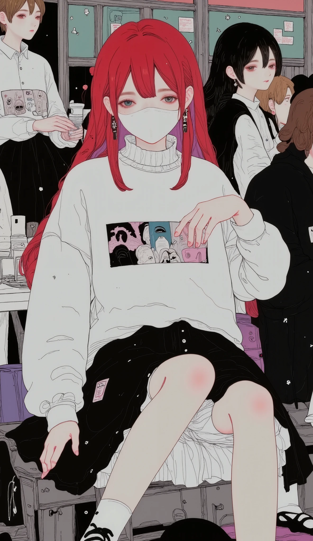 a girl, red hair, hairstyle tucked up , locks of hair on the face , Ojos rojos, mask, oversize sweatshirt , midriff, warm pants , socks, laced socks, bags under her eyes , sitting , Cafeteria, low angle shot , spectator looking up , feet in socks, sagging tits, shocks, RAW Photography, 8K, masterpiece,