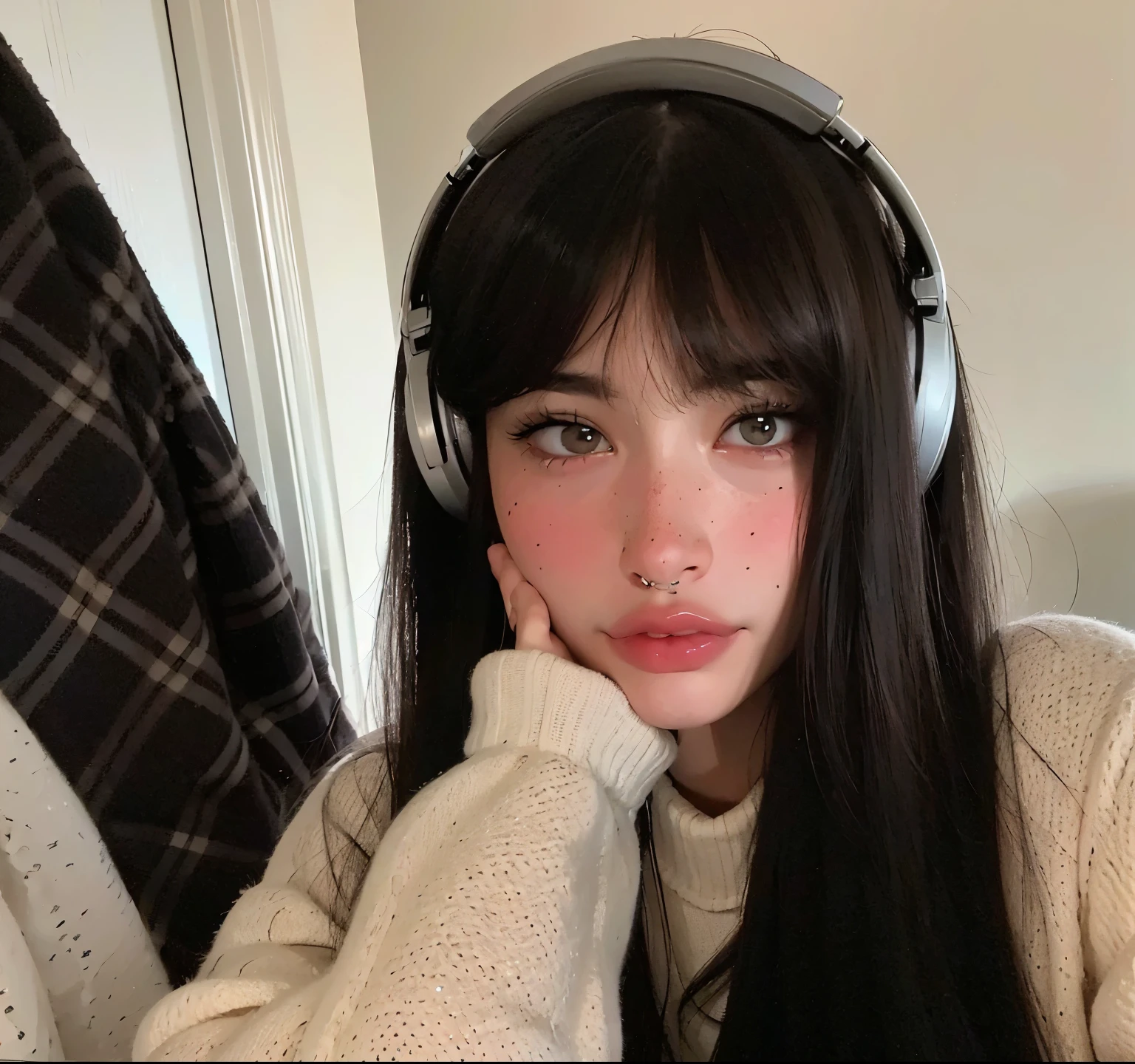 mulher arafed com fones de ouvido ao olhar para um telefone celular, Retrato Sophie Mudd, linda Delphine, imagem de qualidade muito baixa, Retrato de Kim Petras, Pokimane, cara de, tired face, parece uma mistura de grimes, qualidade muito baixa, Ela parece uma mistura de Grimes, Absorto em pensamentos, parecendo cansado, com fones de ouvido