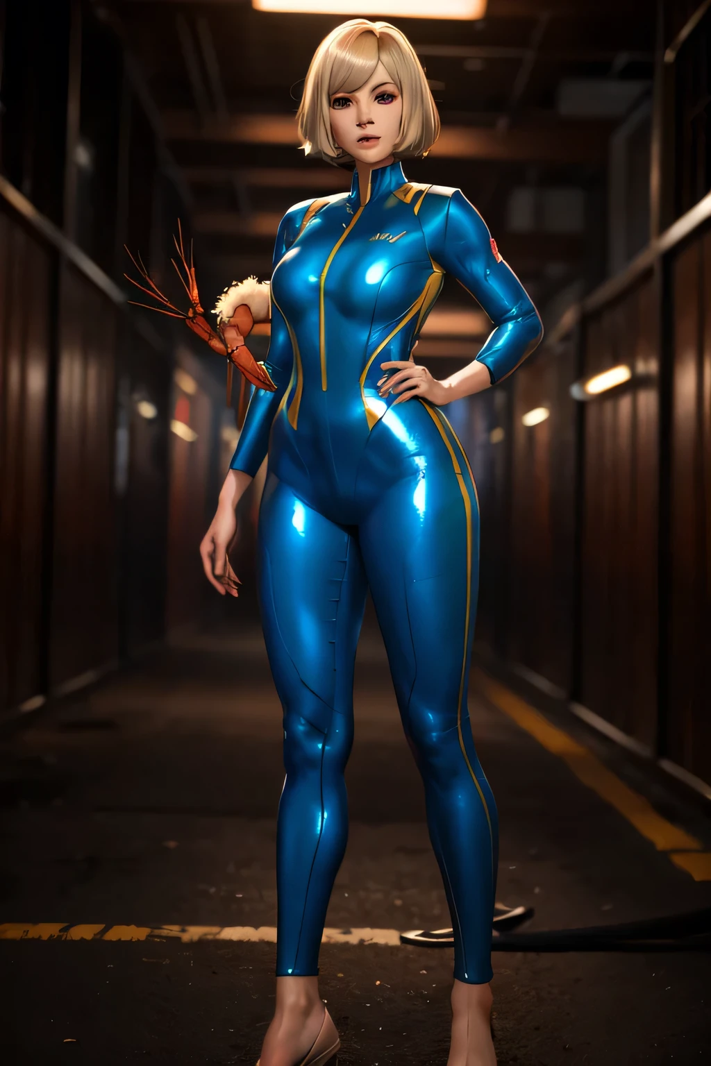  perfect anatomy　 best quality , Highest Resolution ,(((woman　blue shiny vault jumpsuit　Light blonde hair　 Shrimp)))　Vault Girl　fallout　end of the century