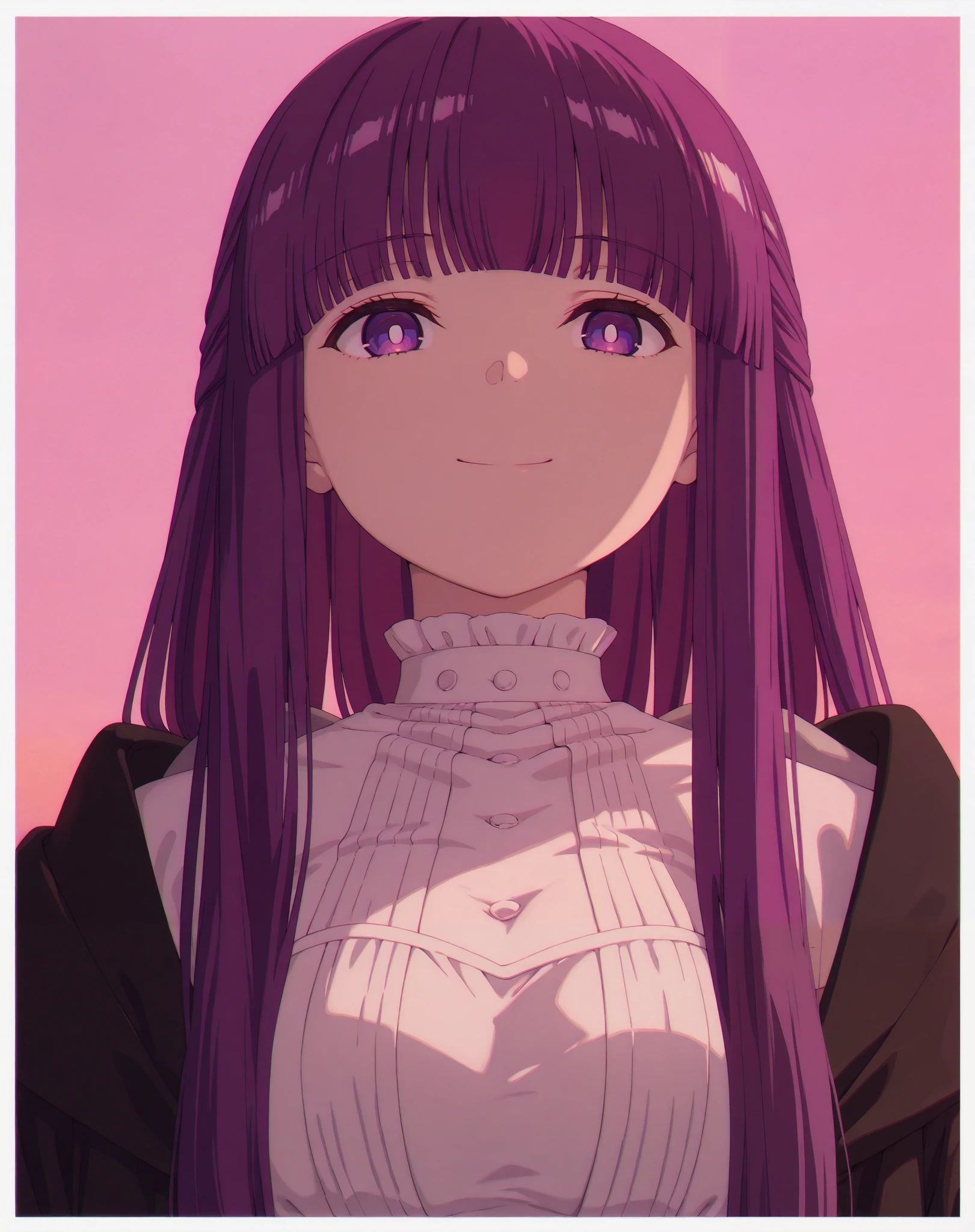 masterpiece, best quality, solo, fern, long hair, bangs, purple eyes, purple hair, sidelocks, blunt bangs, bright pupils, medium breasts, sexy, black robe, white dress, looking at viewer, outdoors, portrait, close-up, light smile, border, simple background, pink background, straight-on