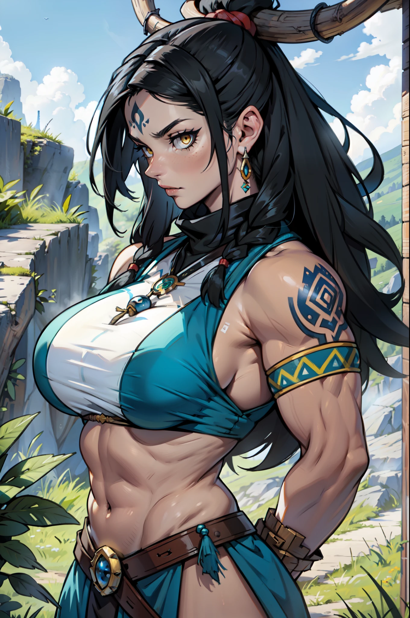 altamente detalhado, Barbarian girl with huge body and intricate tattoes with intricate background, Pintura realista, por Charles Gregory e Antonio Jacobsen e Edward Moran, (tiro longo), light blue sky, detalhes intrincados, micro bikini, erotic posing, rosto serio