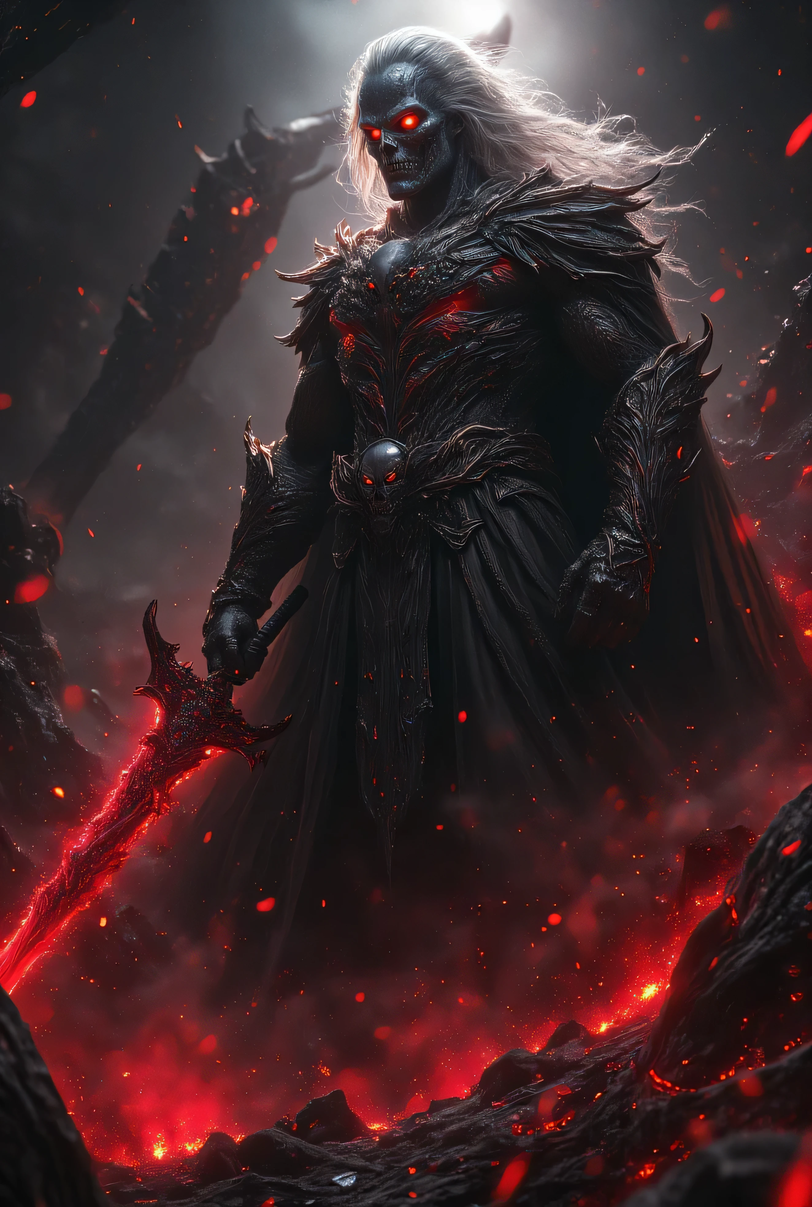 *" An epic and dark scene with cinematographic quality and absolute realism , set in a hellish atmosphere dominated by shades of deep black and fiery red . At the center of the composition is Knull , The King of Symbiotes , portrayed as an imposing and terrifying figure expression . His eyes glow deep red , radiating pure malice , while his long hair floats as if they were part of white your dark aura . He wears his iconic costume , Intricately detailed , with a glowing skull emblem on the chest that symbolizes your dominance over the dark .
Knull wields his colossal and dark sword , All-Black, whose sharp edges are stained with pulsating blood , reflecting his ruthless and violent nature . The blade seems alive , emitting an energy evil that echoes around the scene .
In the background, a monstrous symbiote emerges from the darkness , his luminous red eyes piercing the chaos . He is wrapped a mass of vivid shadows , with pulsating tentacles and black roots that wriggle like independent creatures . The surrounding environment is one of total destruction , with the wreckage of crumbling structures , crackling flames and a red haze that adds depth to the scene .
Dramatic lighting creates a perfect contrast between oppressive darkness and hellish red glows, highlighting each muscle, texture of the costume and Character voices . Inspired by dark fantasy comic book covers , the composition mixes high contrast with hyper-realistic textures , , resulting in a visually impressive image worthy of a graphic epic . Each detail conveys the overwhelming strength of Knull and his aura of absolute terror ."**