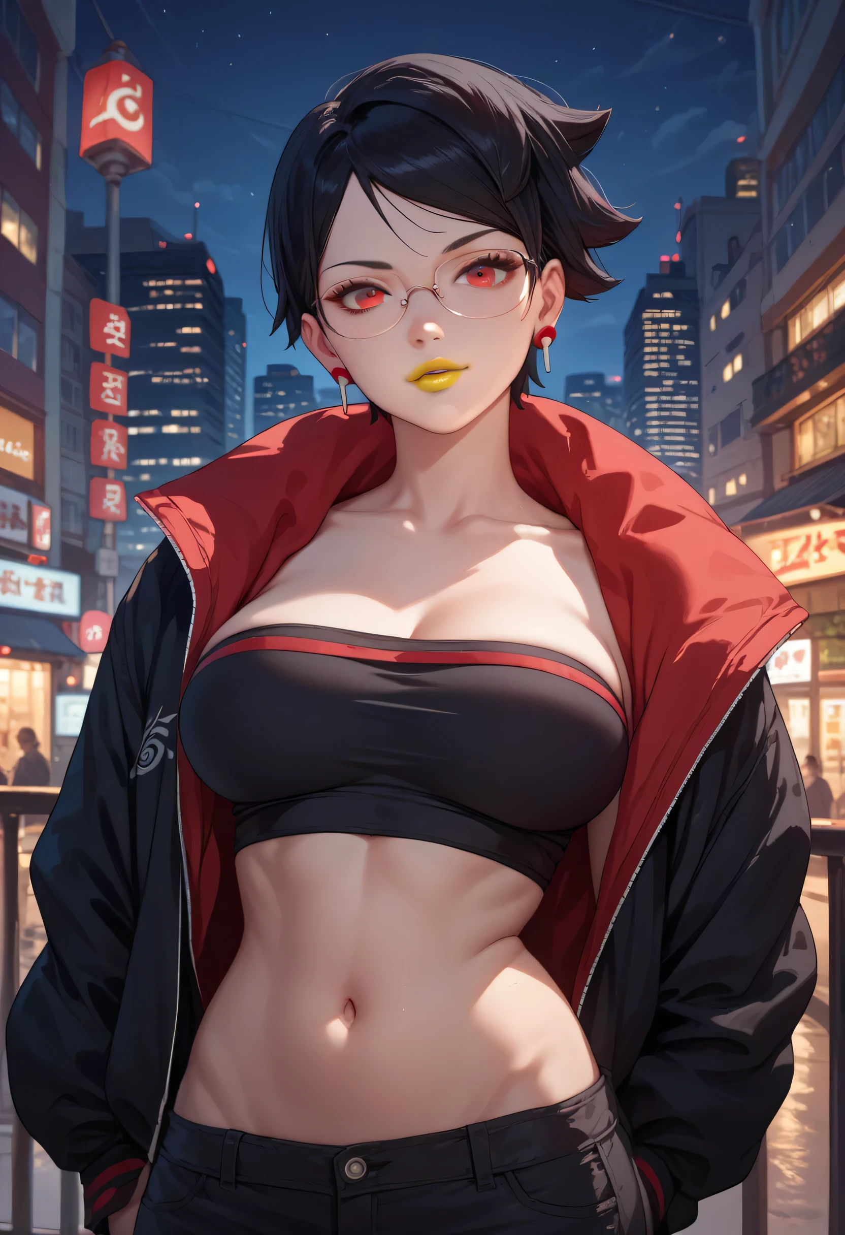 woman, big breasts, yellow lipstick, anime style, white skin, looking at viewer, red eyes, black hair, short hair, city, open black jacket, black top, night, exposed belly button, glasses, Uchiha Sarada