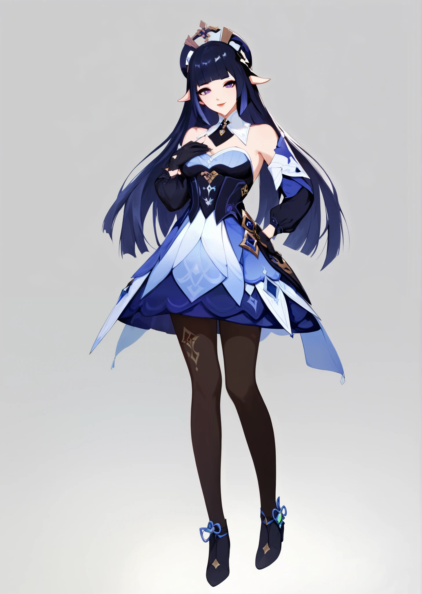 1girl, genshin impact, norakura \(nr kura\), yumemizuki mizuki, blue hair, glove, full body, black gloves, long hair, purple eyes, straight hair, pantyhose, white background, looking at viewer, white footwear, hime cut, solo, sidelocks, blunt bangs, half-closed eyes, simple background, dress, short eyebrows, long sleeves, hand on own chest, detached collar, closed mouth, masterpiece, newest, absurdres, safe