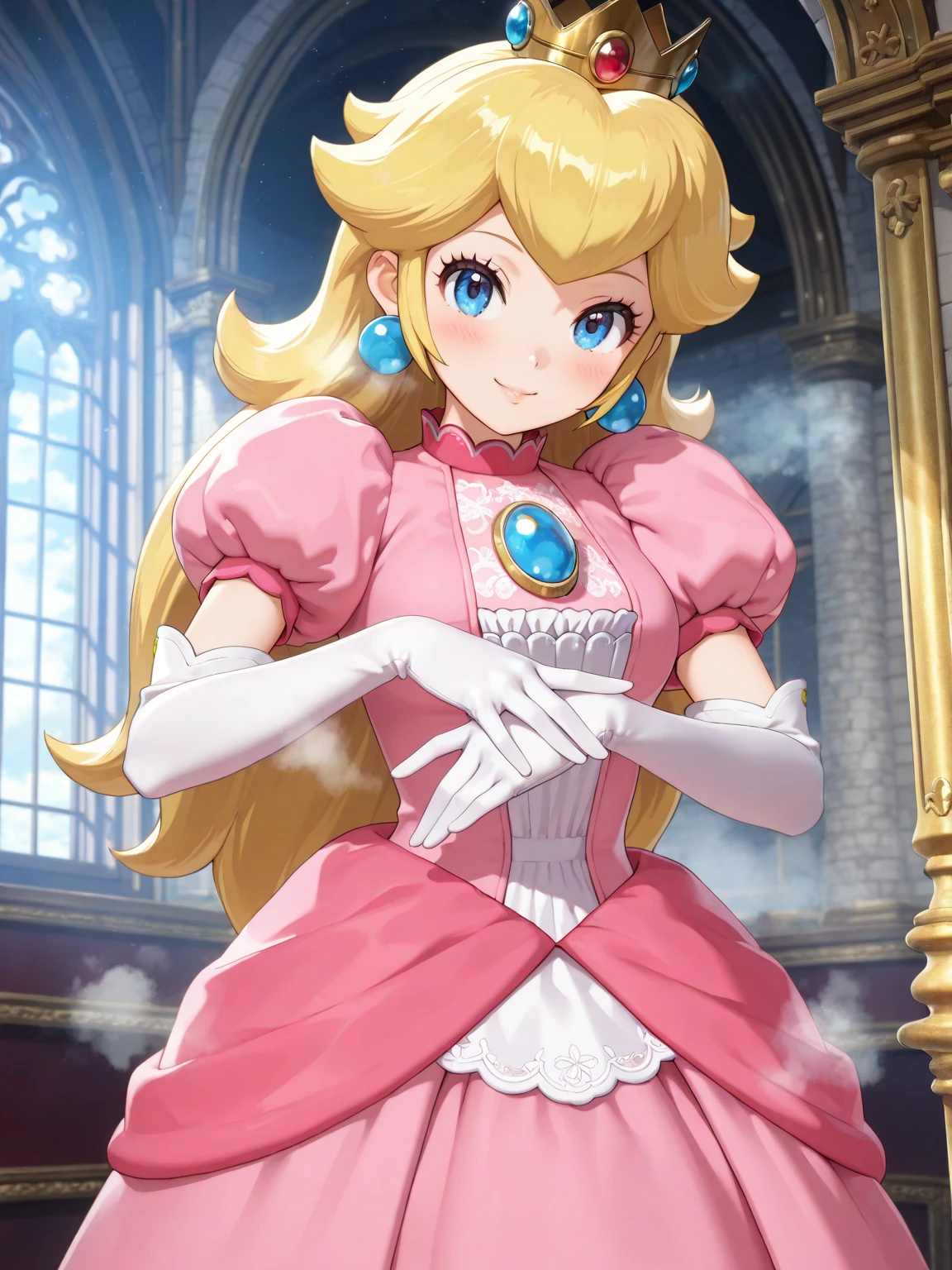 PrincessPeach,princess peach, blonde hair, blue eyes, long hair,
crown, dress, gem, gloves, pink dress, puffy short sleeves, puffy sleeves, short sleeves, white gloves,
in castle,
((random posing)),
1girl, solo,
(score_9, score_8_up, score_7_up, source_anime,(3d), masterpiece, best quality, anime screencap, anatomically correct,good hands),seductive smile,blush,steaming body