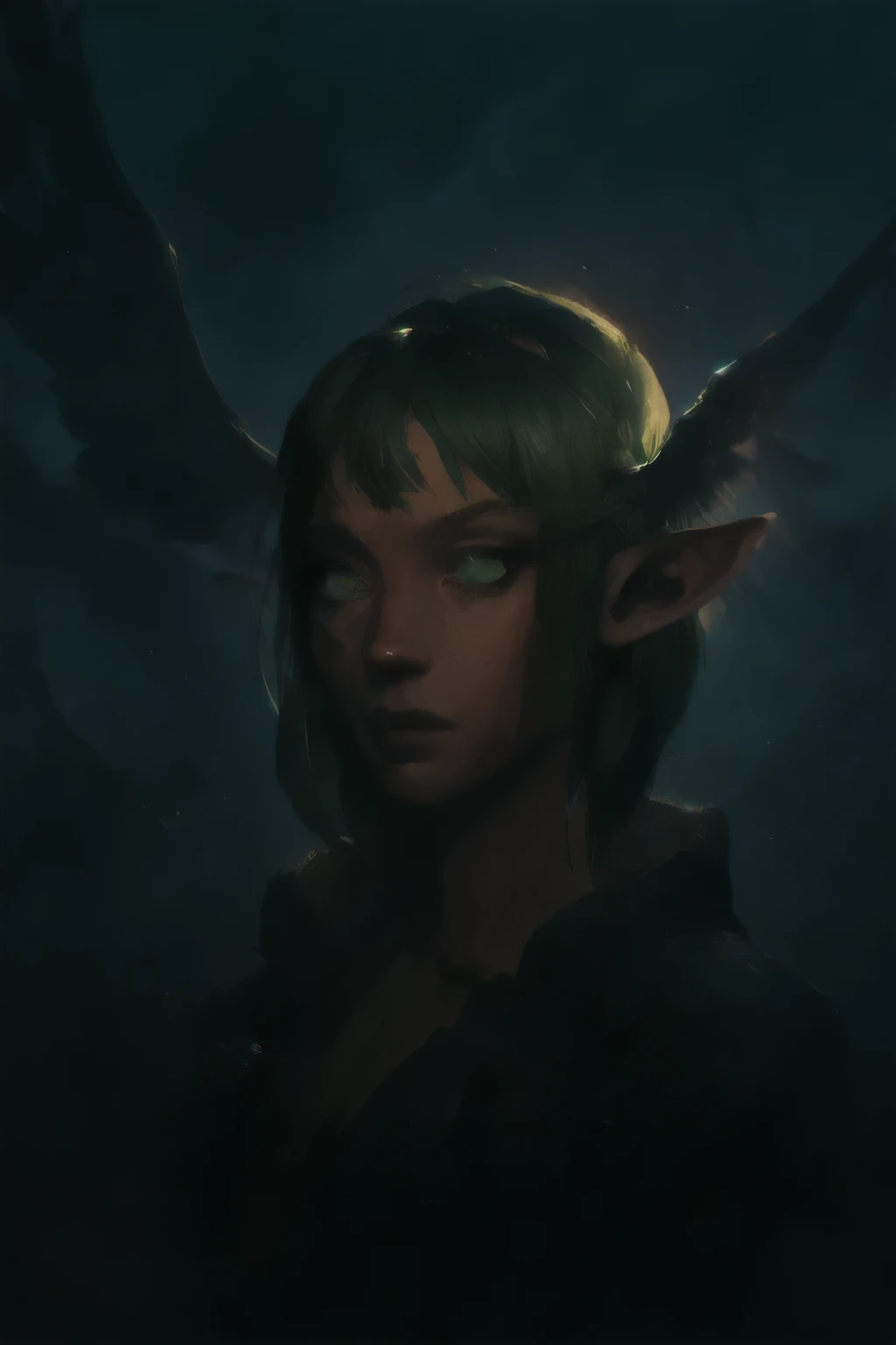 cinematic lighting, David Park, lights, speedpainting, half-elf woman, peach fringe haircut, green eyes, wearing sorceress robe, In a hidden saxon village in the clouds, inhabited by winged people|| cinematic lighting, speed painting, masterpiece, 8k, high resolution, shallow depth of field, sharp focus
