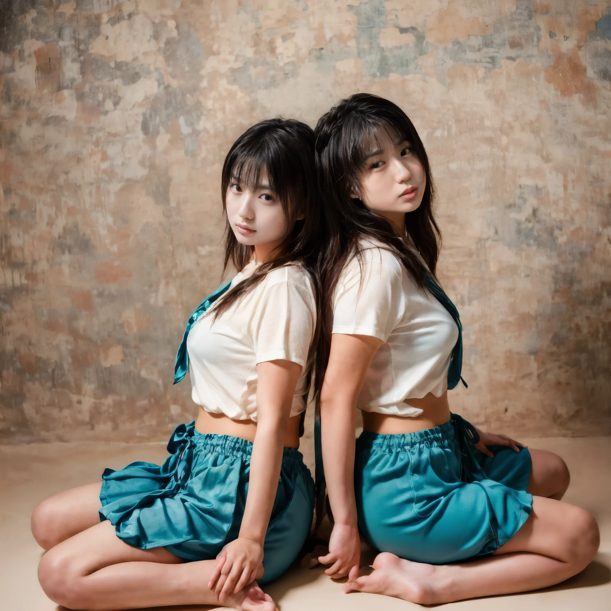 2.	Photo studio, medium shot: Japanese identical twin sisters, dressed in coordinated fashionable outfits, posing side by side with one twin hugging the other’s waist. Bright studio setup with soft shadows highlighting their symmetry.