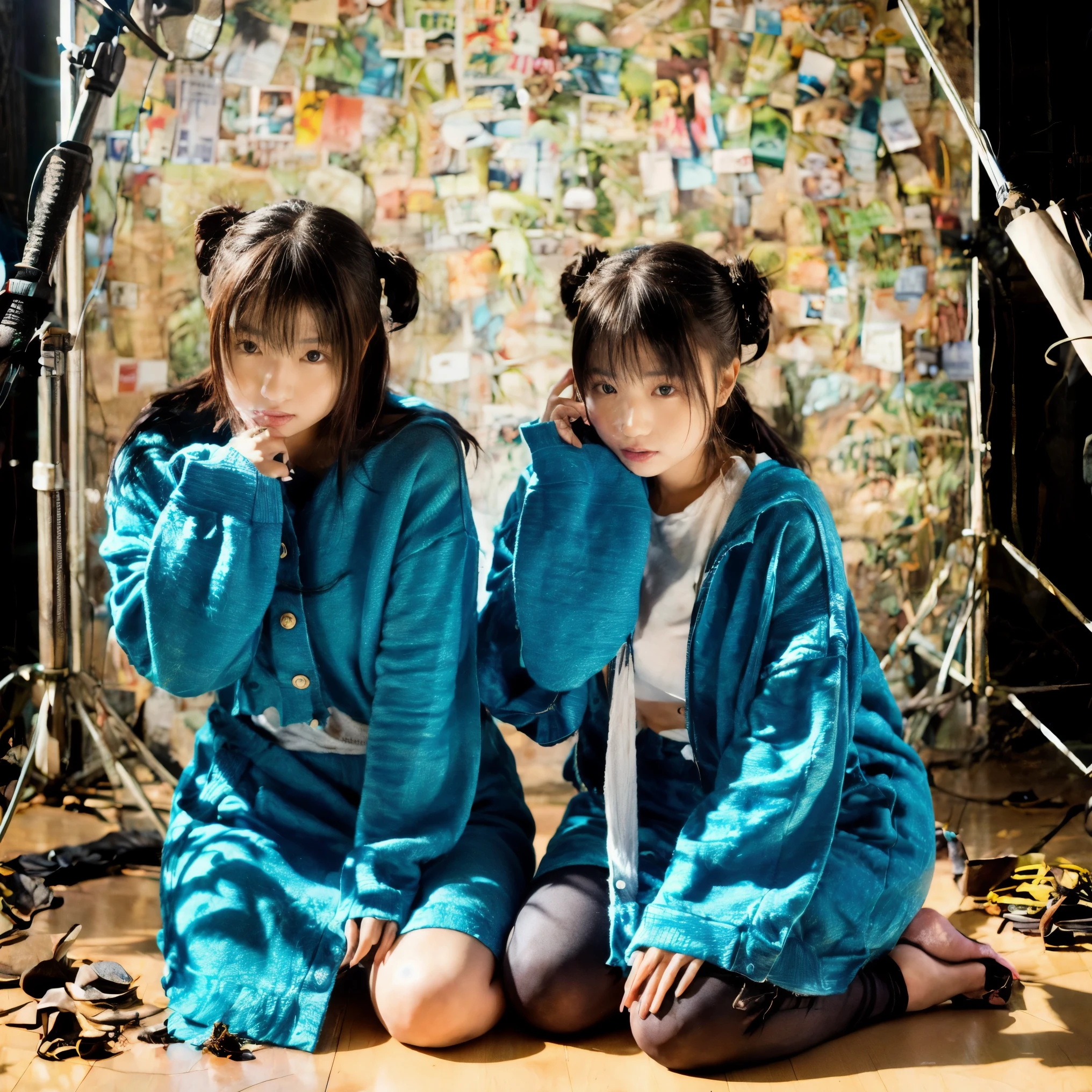 2. Photo studio, medium shot: Japanese identical twin sisters, dressed in coordinated fashionable outfits, posing side by side with one twin hugging the other’s waist. Bright studio setup with soft shadows highlighting their symmetry.