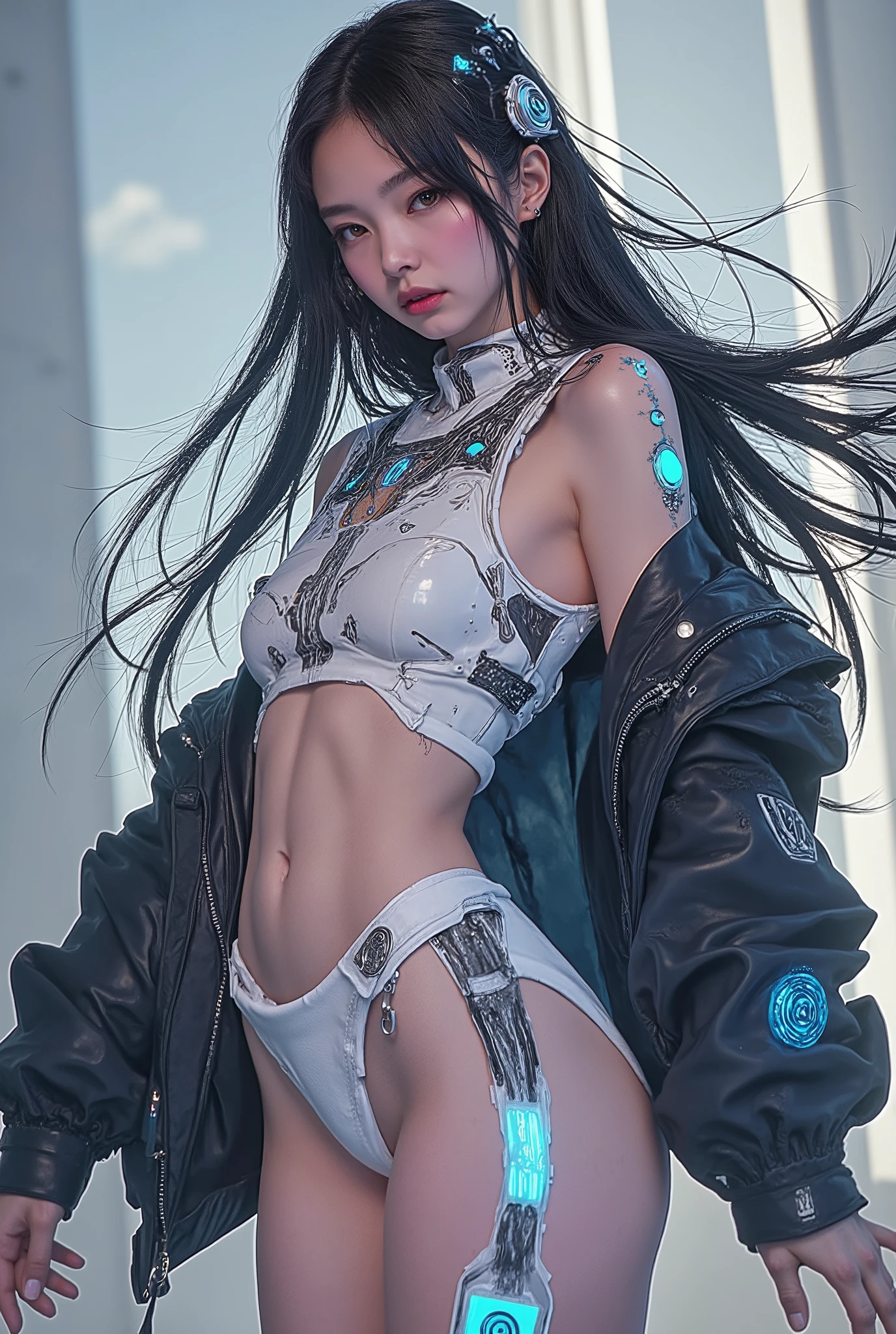 ((anime art style illustration) of (perfect Asian cyberpunk girl))), (((wearing incredibly detailed Harajuku clothing))), ((LED lights)), (shapeless long hair), ((dynamic pose)), perfect features, abstract beauty, near perfection, pure form, concept art, intricate detail, 8k post-production, High resolution, super Detail, trending on ArtStation, sharp focus, studio photos. Jennie Kim.