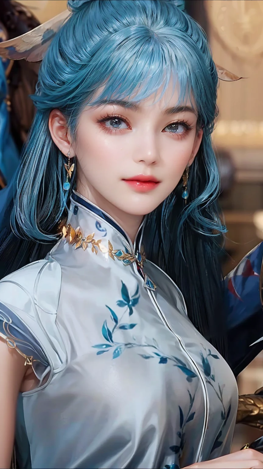(hyper-realistic), (illustration), (high resolution), (8k), (Very detailed), (最佳illustration), (Beautiful and delicate eyes), (best quality), (Super detailed), (masterpiece), (wallpaper), (lifelike), (Natural light), (edge lit), (Detailed face), (高度细致lifelike皮肤纹理), (anatomically correct), (alone), (1 girl), (高细节lifelike头发), (blue hair:1.2), spiky hair, (heterochromatic eyes), (Detailed green eyes), (There is a small mole under the eye), (realistic:1.5), (Naked of breast:1.3), (long legs), (slim abs), (dynamic poses), (Keep your mouth shut:1.3), (Traditional Hanfu), (transparent clothes:1.5), national foundation,Show breasts，Show breasts，exposing her chest，huge ，huge breasts，exposing her chest，huge breasts，