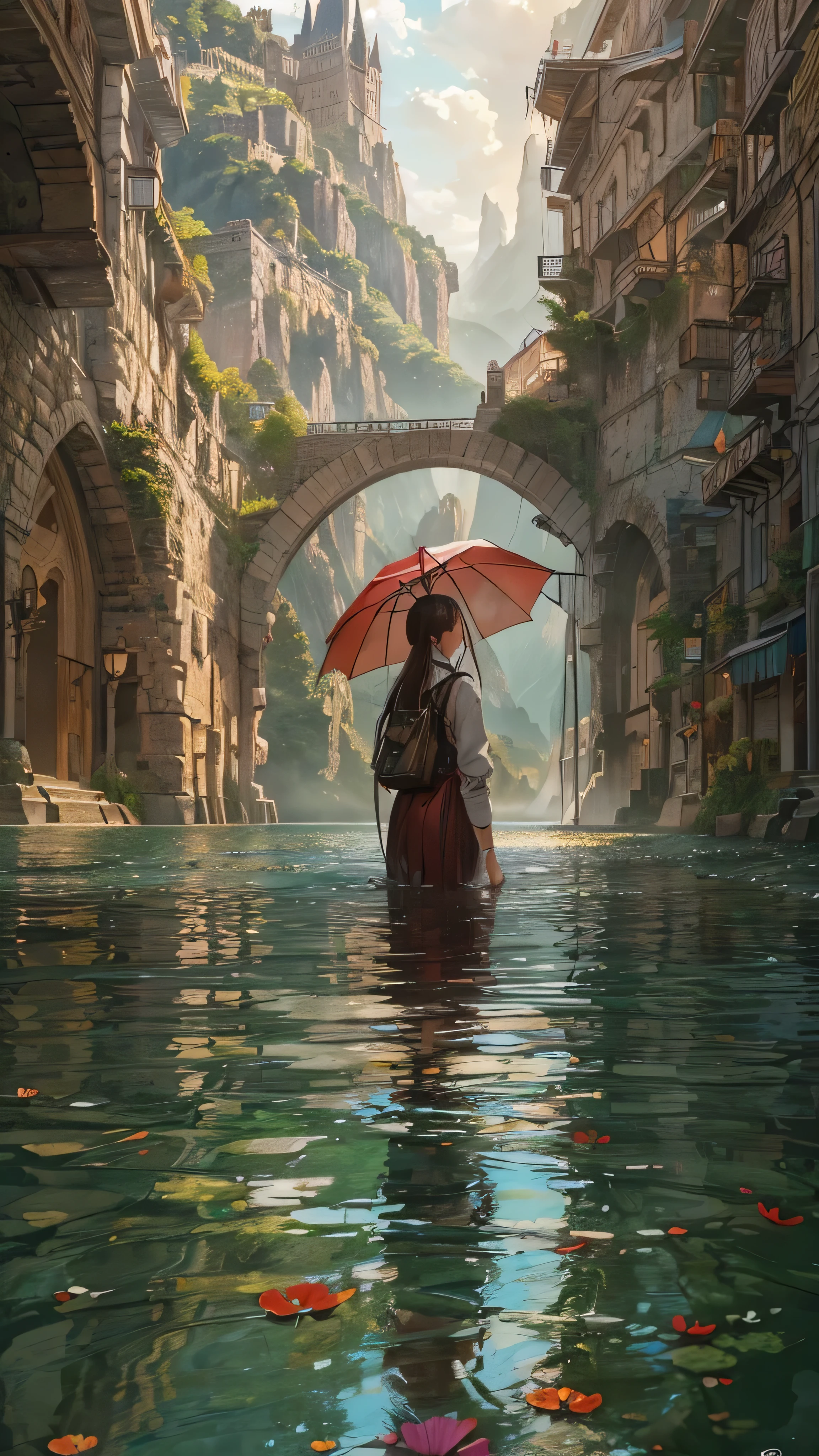 There is a woman walking in the water with an umbrella - SeaArt AI