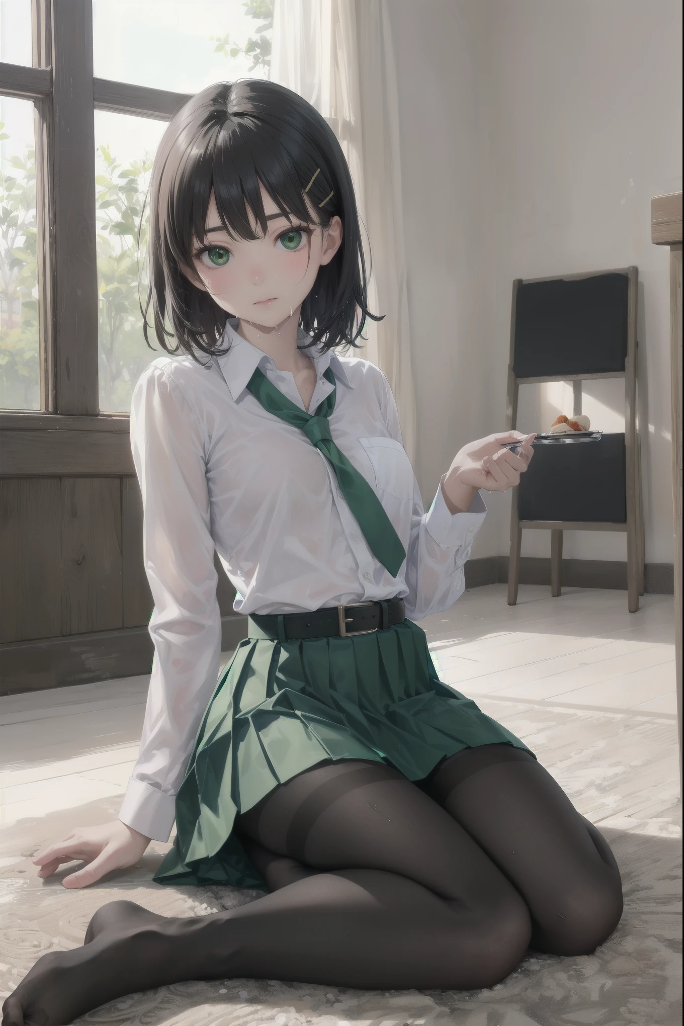 masterpiece, best quality, 1girl, solo, looking at viewer, <lora:EPfeLyn-06:0.7>, EPfeLyn, green hair, green eyes, long hair, ponytail, high ponytail
BREAK
focused, lake, indoors, light, waving, 0.7::necktie, striped pants0.1::, slippers, angry