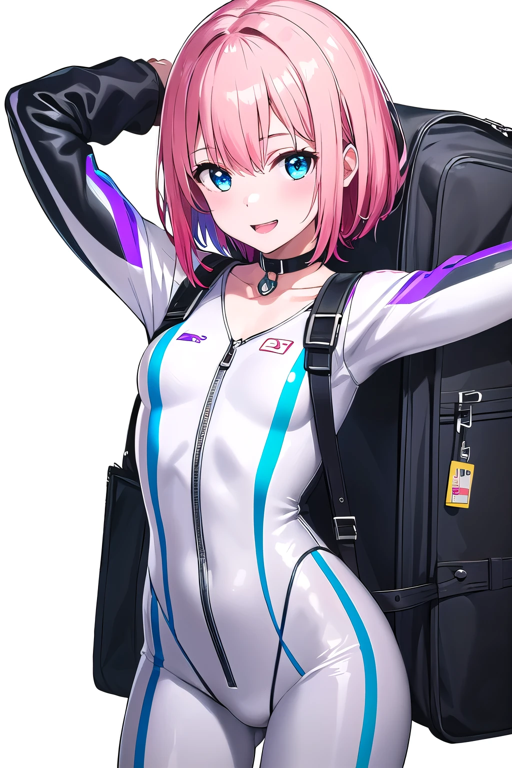 1girl,Samus aran,solo,green eyes, pink hair, forehead hair, white zero suit,white body suit,purple stripes,cowboy shot,blush,,Science fiction,ultra-detailed,sharp focus,aesthetic,(best quality), white background, (unzip and take off bodysuit:1.5) , (open bodysuit:1.2)